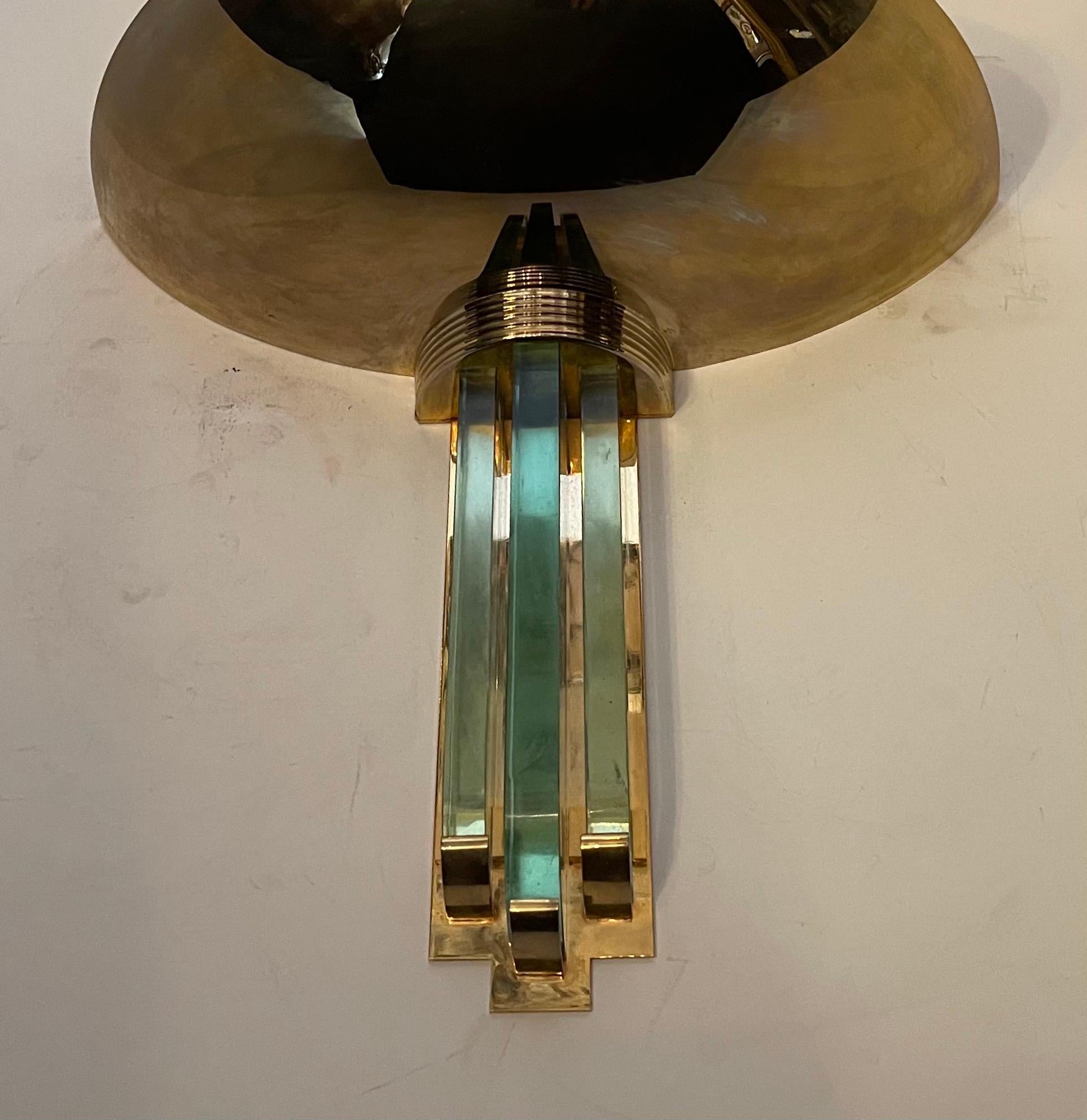 Art Deco Fine Karl Springer Mid-Century Modern Polished Brass Glass Purcell Pair Sconces