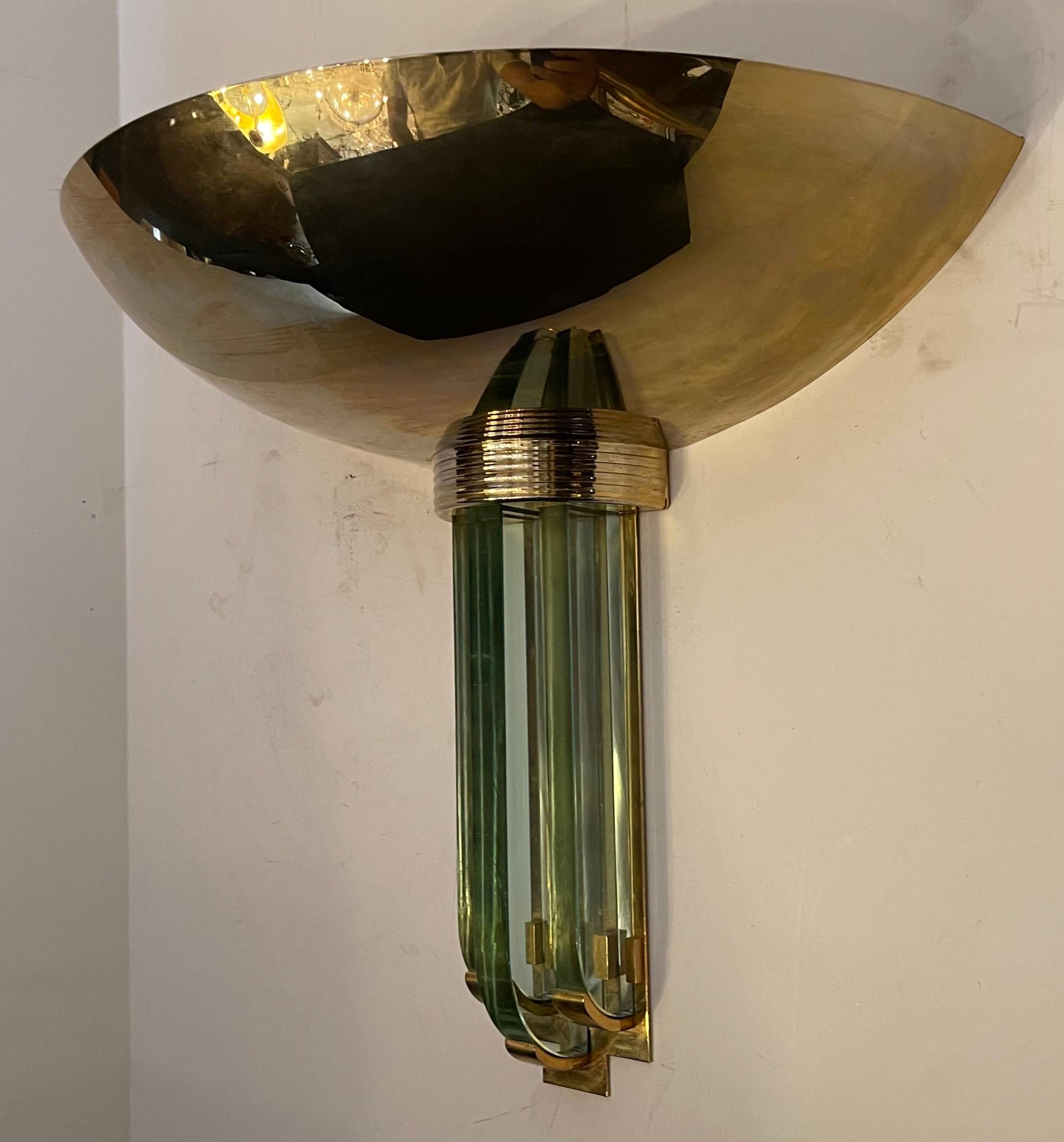 20th Century Fine Karl Springer Mid-Century Modern Polished Brass Glass Purcell Pair Sconces