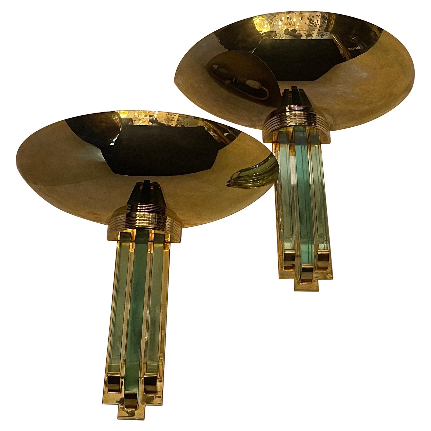 Fine Karl Springer Mid-Century Modern Polished Brass Glass Purcell Pair Sconces