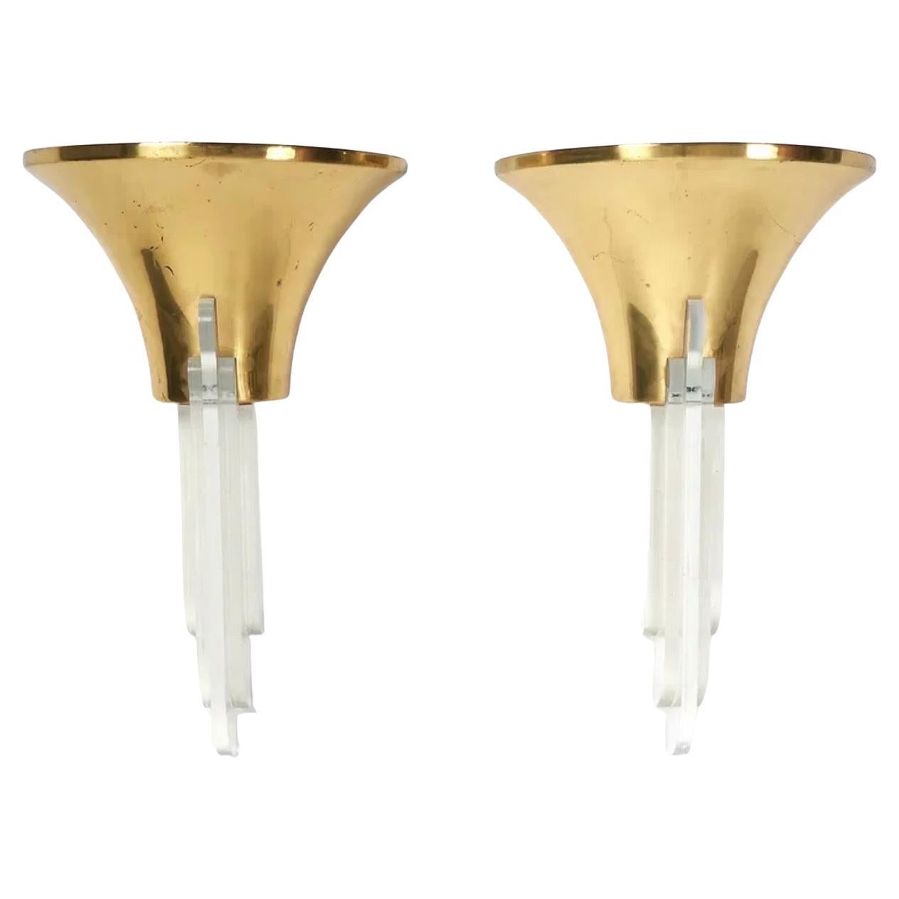 Fine Karl Springer Mid-Century Modern Polished Brass Lucite Purcell Pair Sconces For Sale