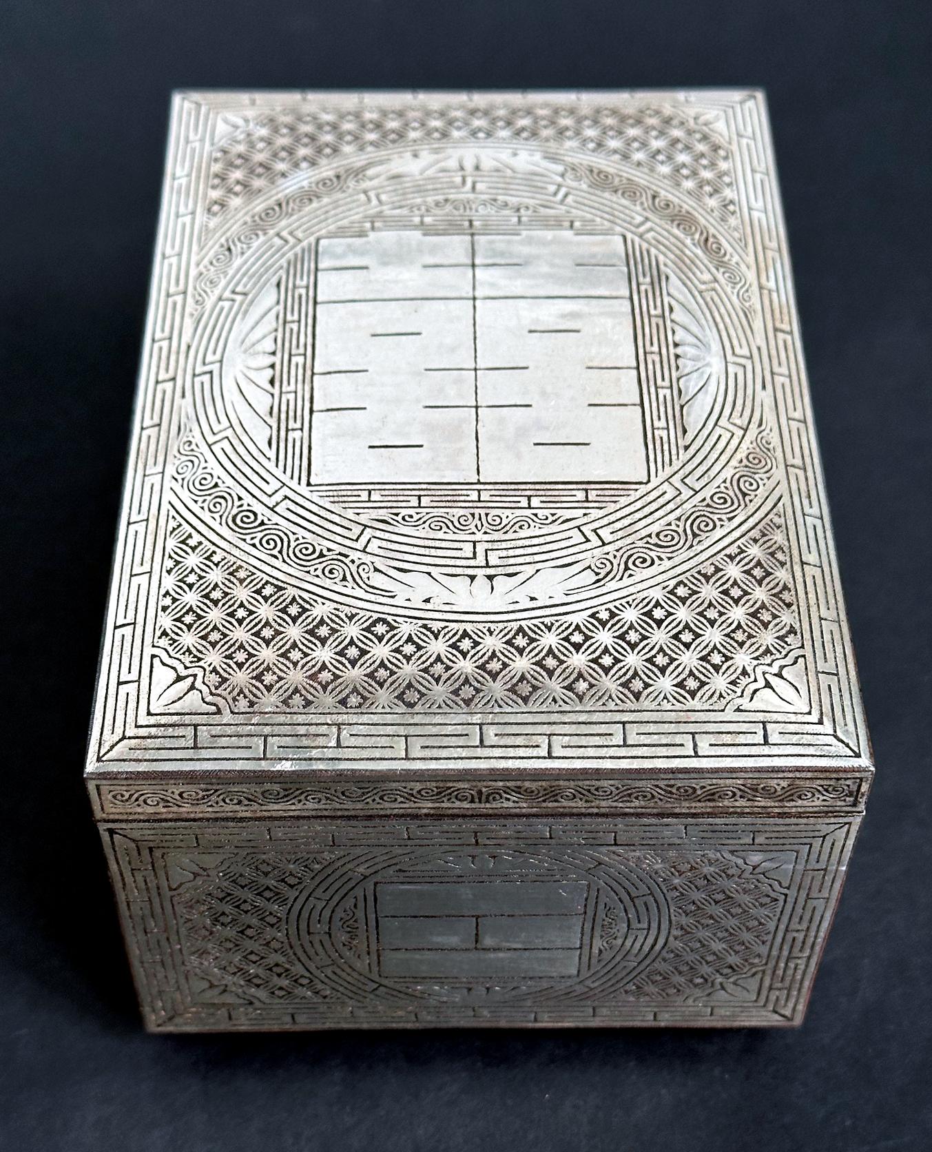 A fine Korean iron box with intricate silver inlay dated to the late Joseon Dynasty circa 19th century. The body of the box is made from iron of a heavy weight although the wear on the base has exposed a bronze metal color underneath, indicating the