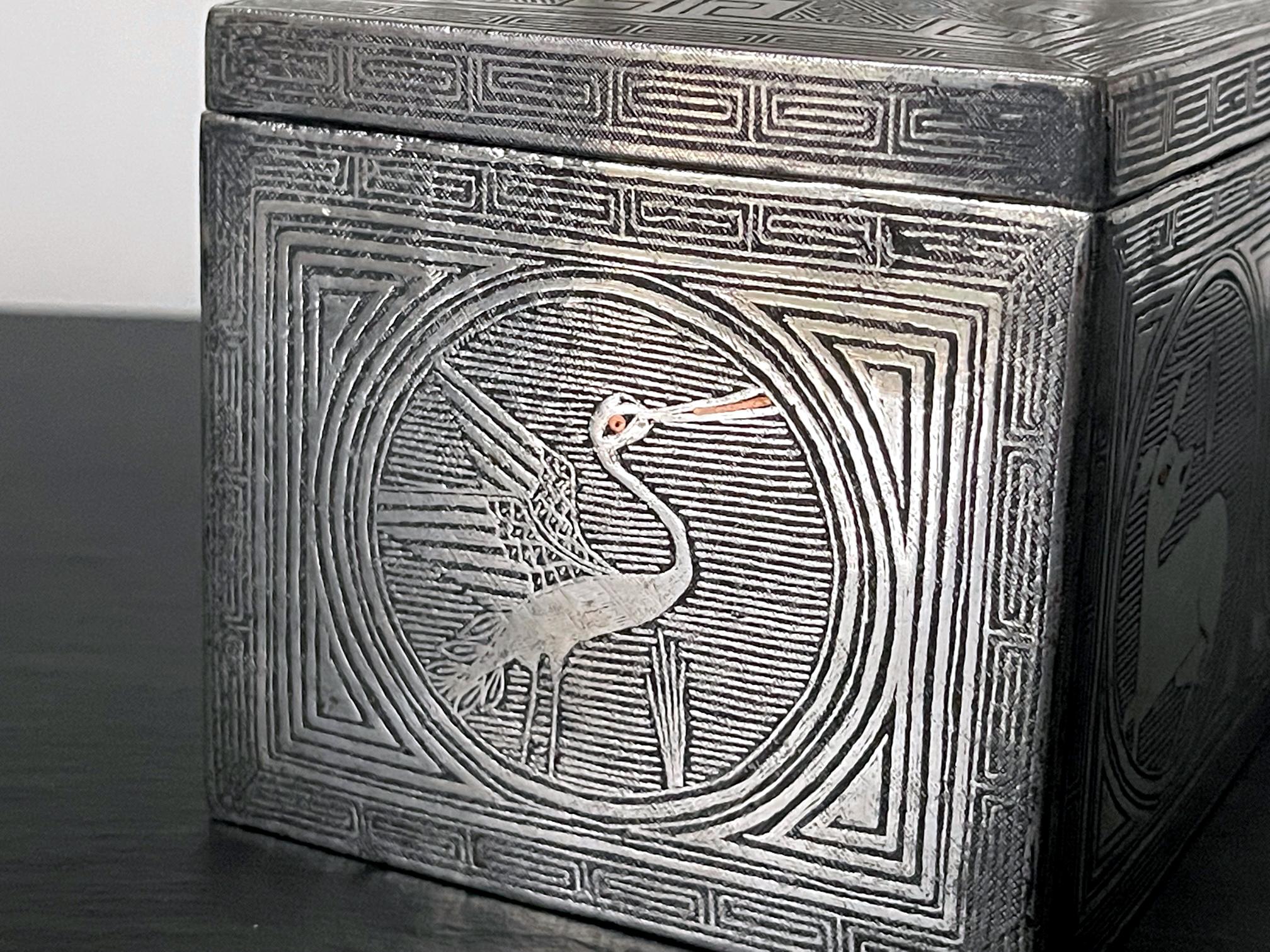 19th Century Fine Korean Iron Tobacco Box with Silver Inlay Joseon Dynasty For Sale