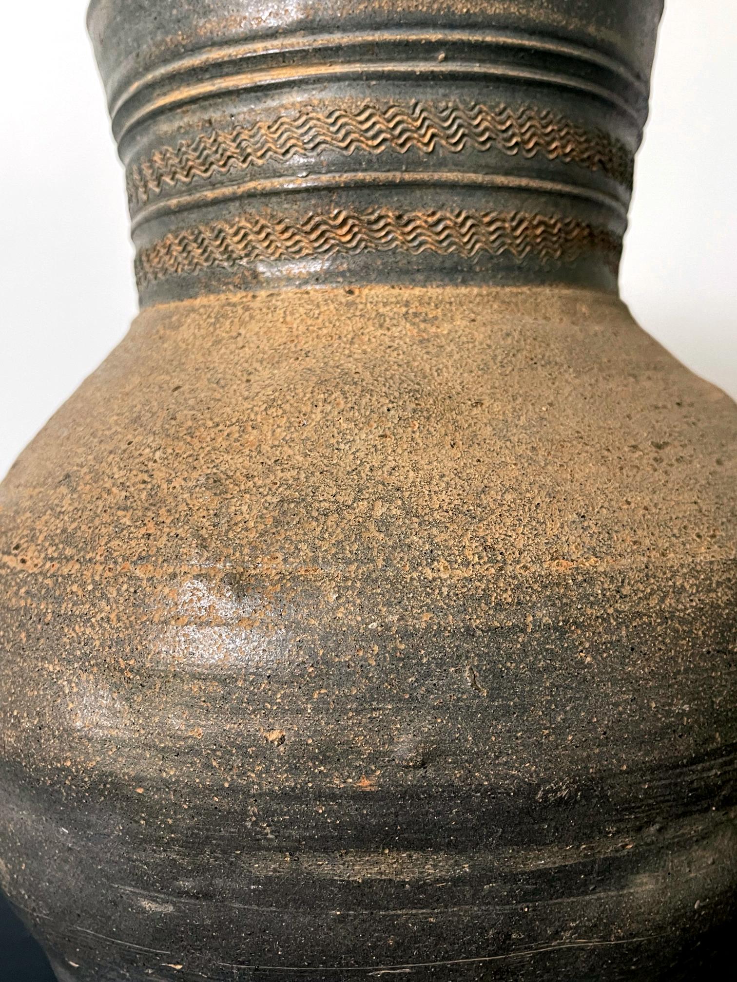 18th Century and Earlier Fine Korean Pottery Footed Jar with Long Neck Silla Period For Sale