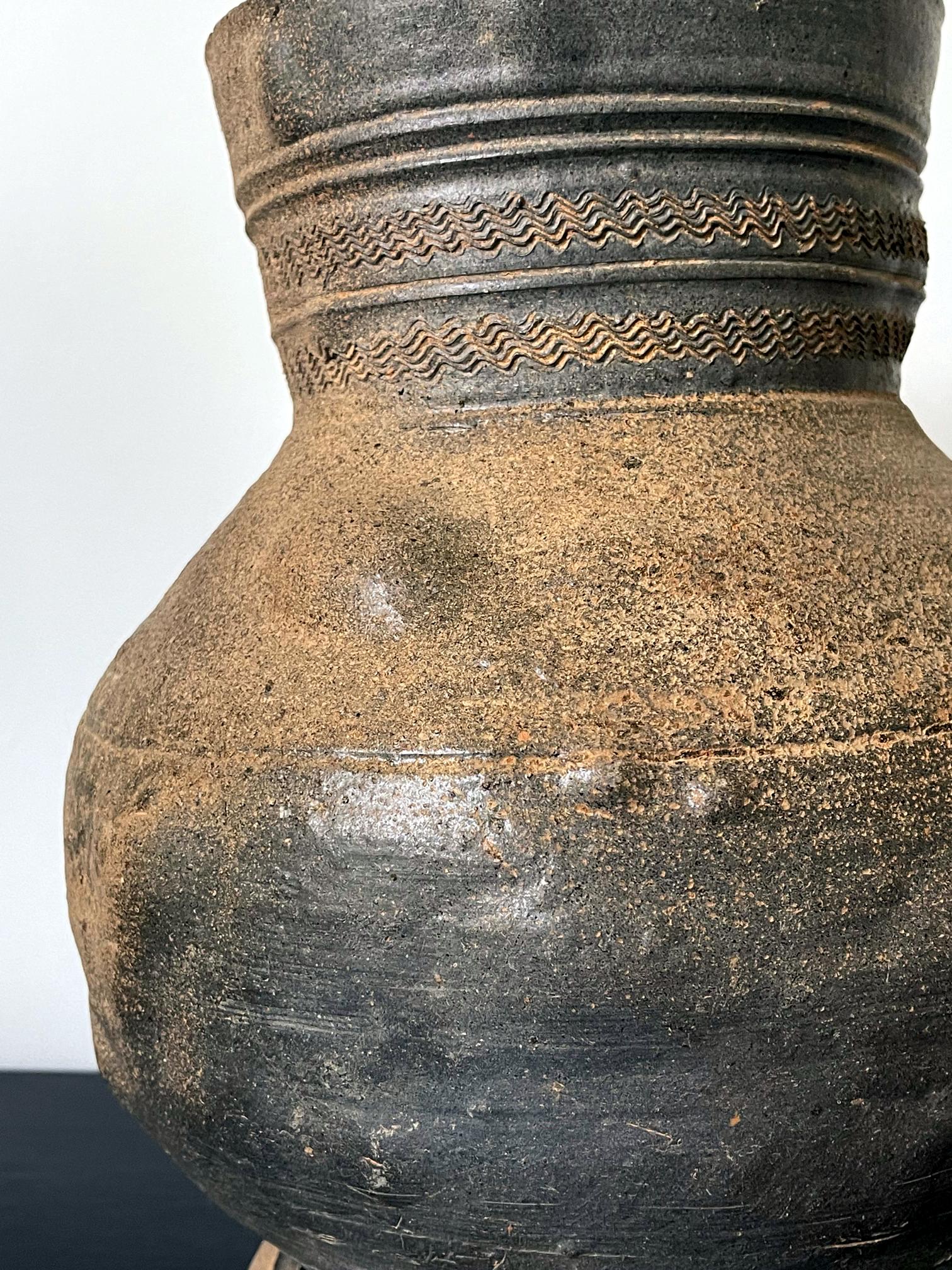 Ceramic Fine Korean Pottery Footed Jar with Long Neck Silla Period For Sale
