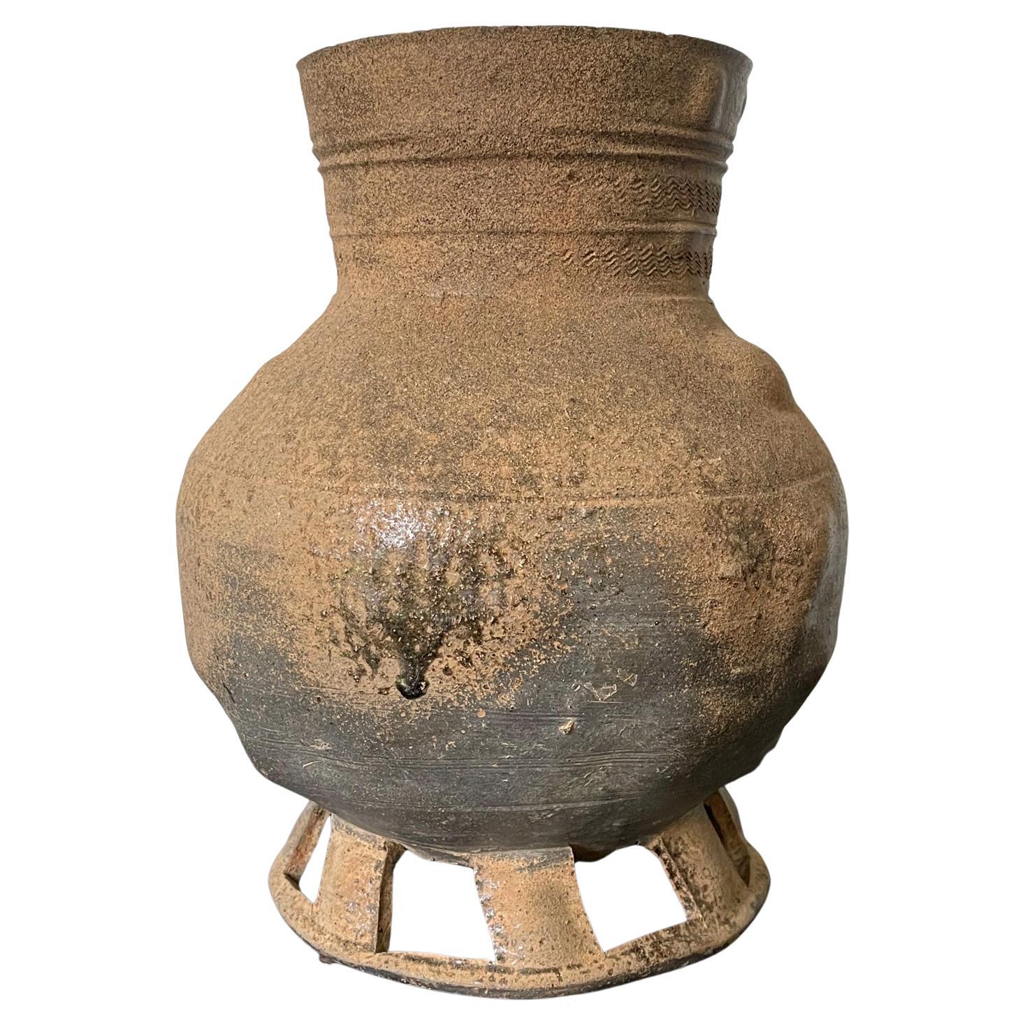 Fine Korean Pottery Footed Jar with Long Neck Silla Period For Sale