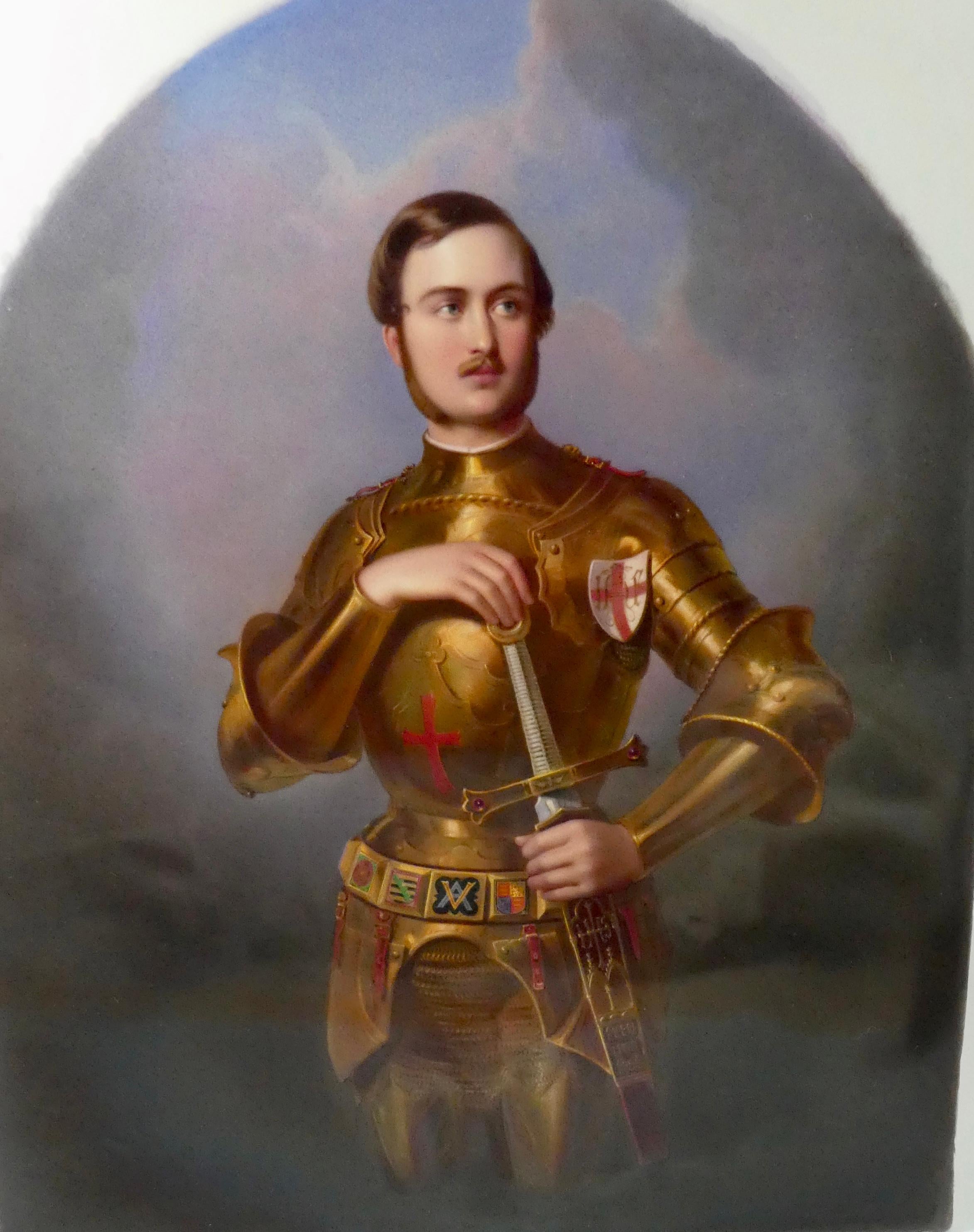An exceptionally fine KPM Berlin porcelain plaque, to The Prince Consort, Prince Albert, circa 1865. Painted by Carl Meinelt (1825-1900), after the original by Edward Henry Corbould, as the Memorial portrait to Prince Albert. He stands three quarter