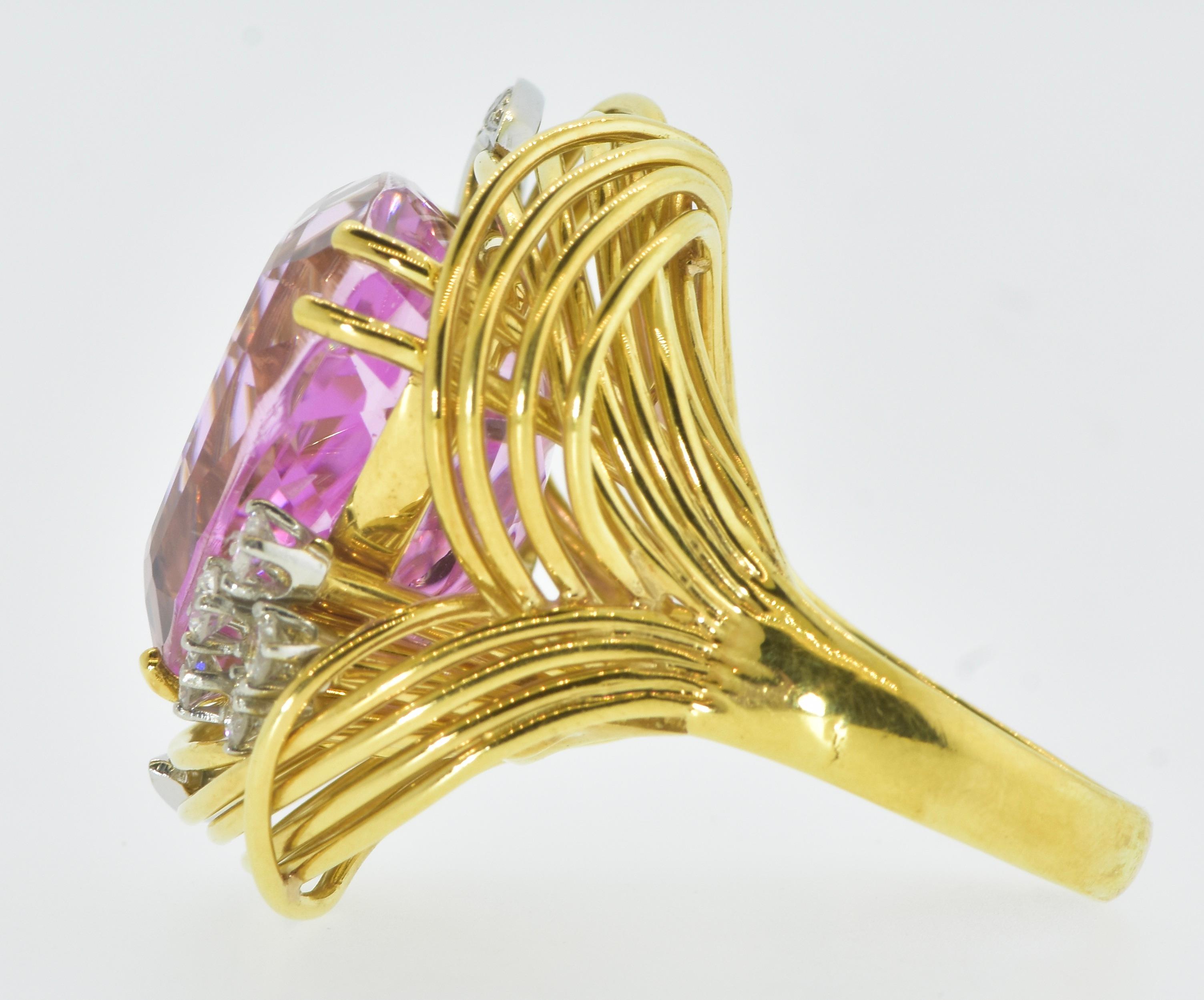 Fine Kunzite, diamond and 18K yellow gold large vintage ring.  This fancy cut natural 