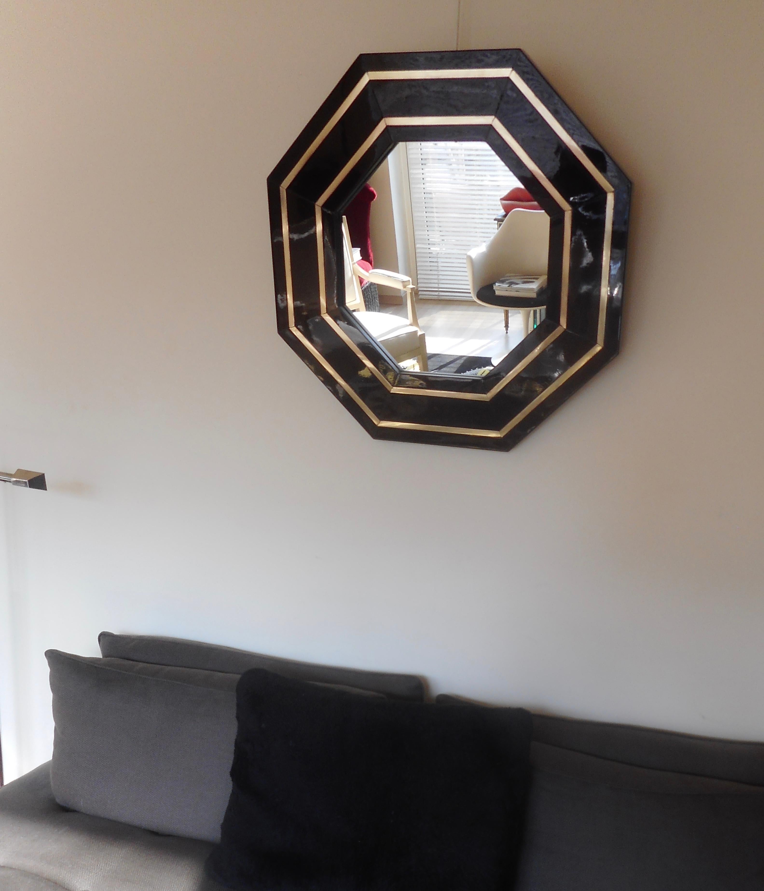 French Fine Lacquer Mirror with Brass Accents by Jean Claude Mahey, France, 1975 For Sale