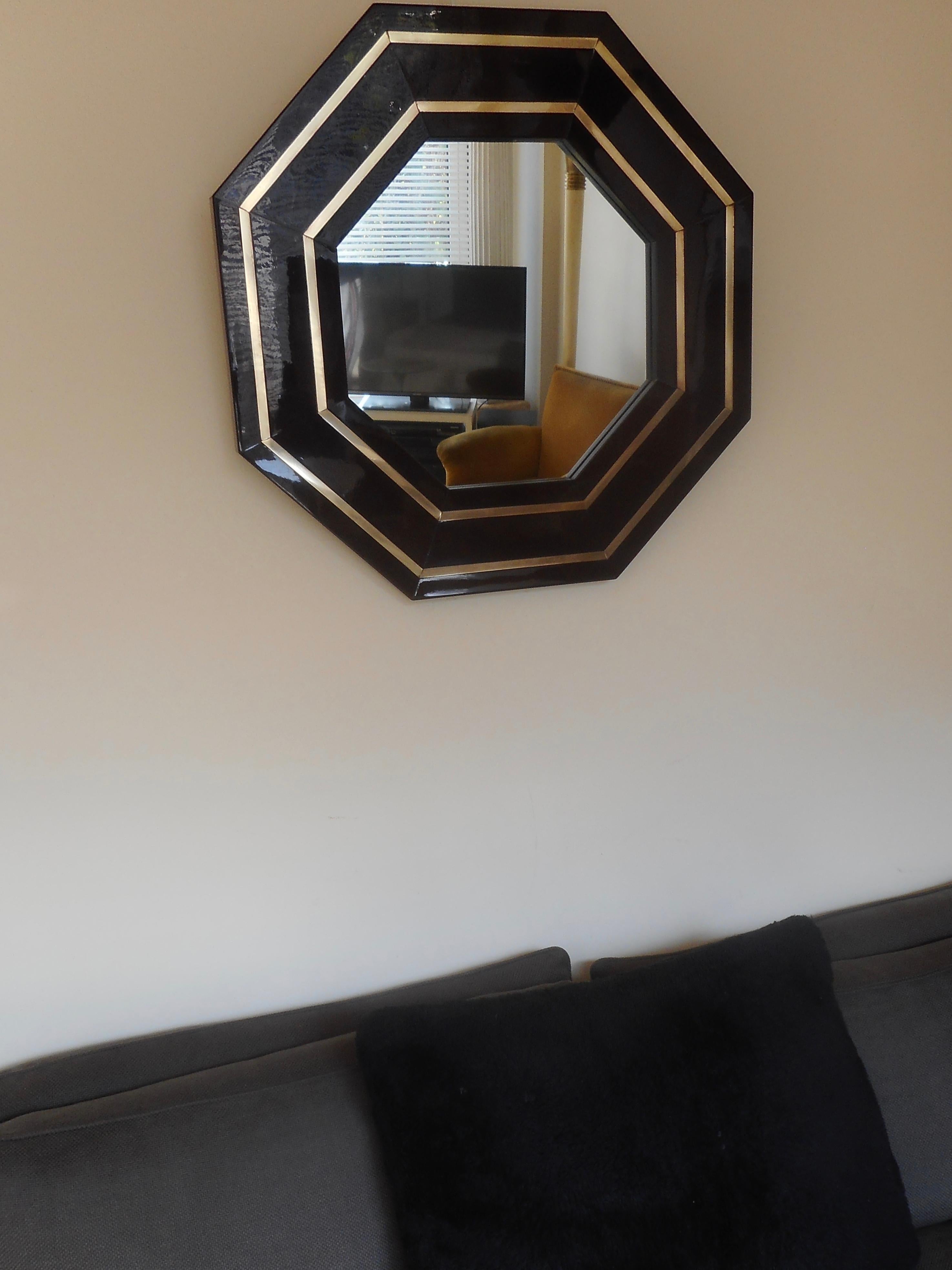 Lacquered Fine Lacquer Mirror with Brass Accents by Jean Claude Mahey, France, 1975 For Sale