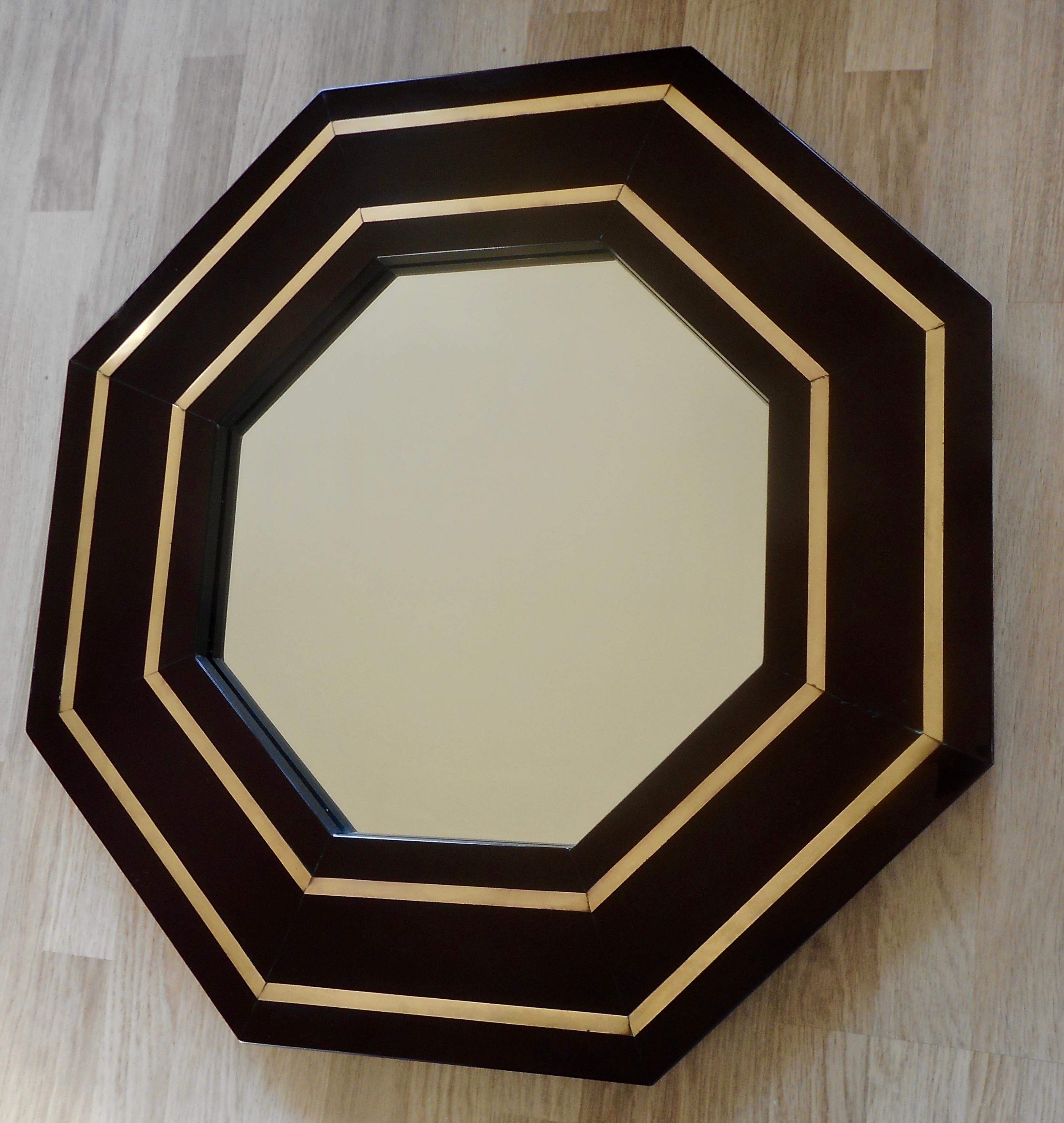 Late 20th Century Fine Lacquer Mirror with Brass Accents by Jean Claude Mahey, France, 1975 For Sale