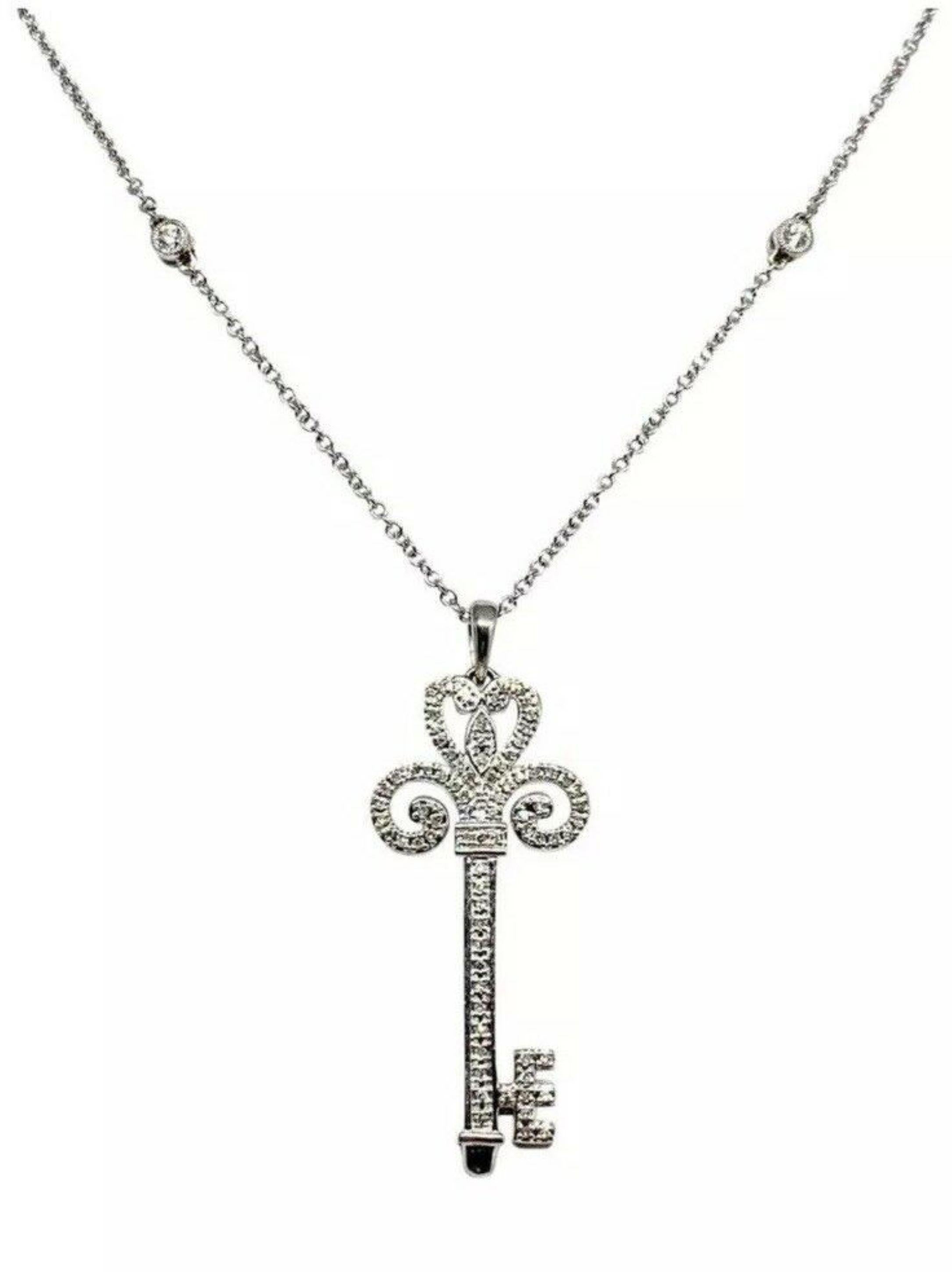 Women's Fine Ladies Diamond Key 14k White Gold Italy Necklace 0.40 TCW Certified For Sale