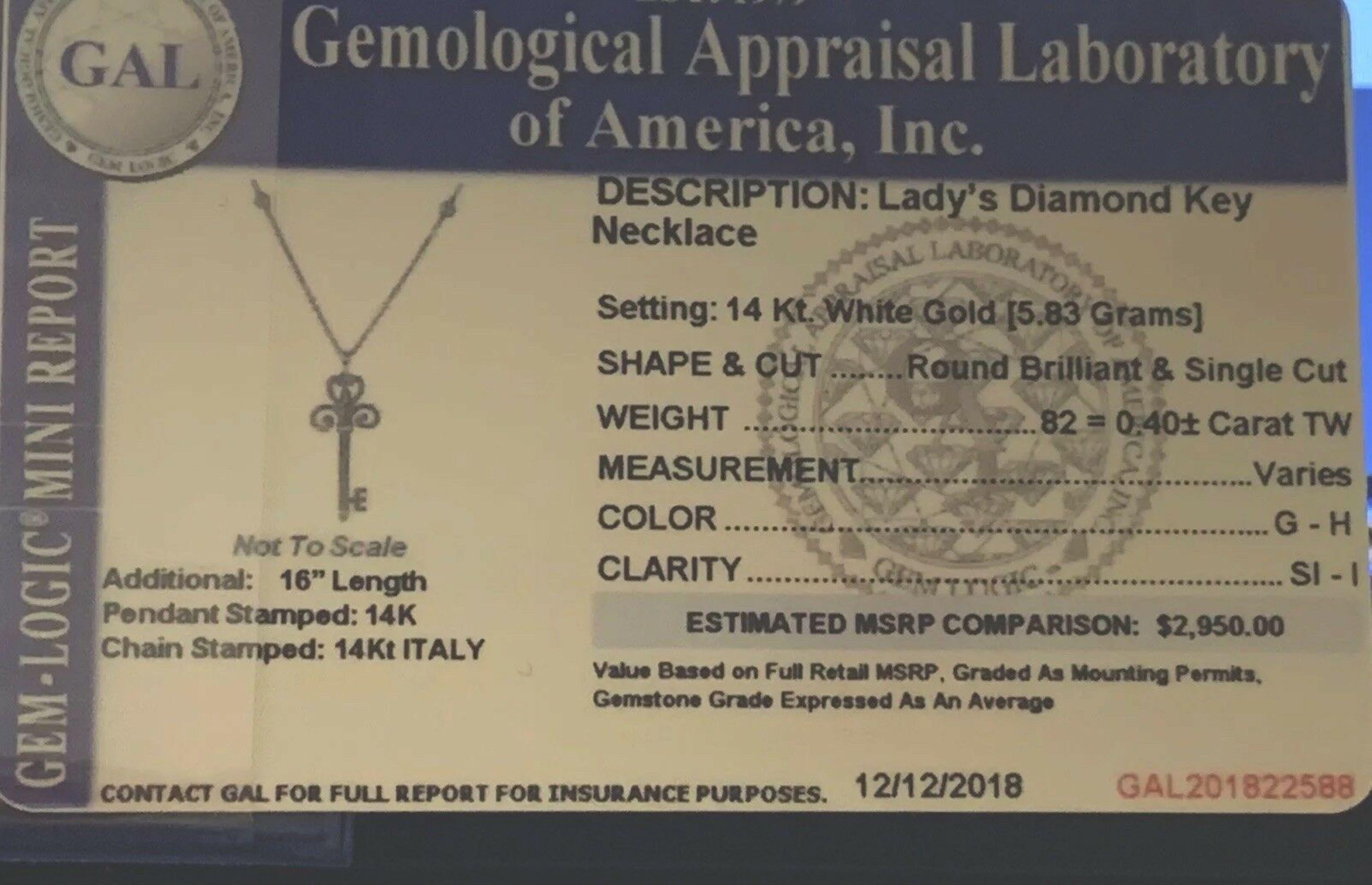 Fine Ladies Diamond Key 14k White Gold Italy Necklace 0.40 TCW Certified 1