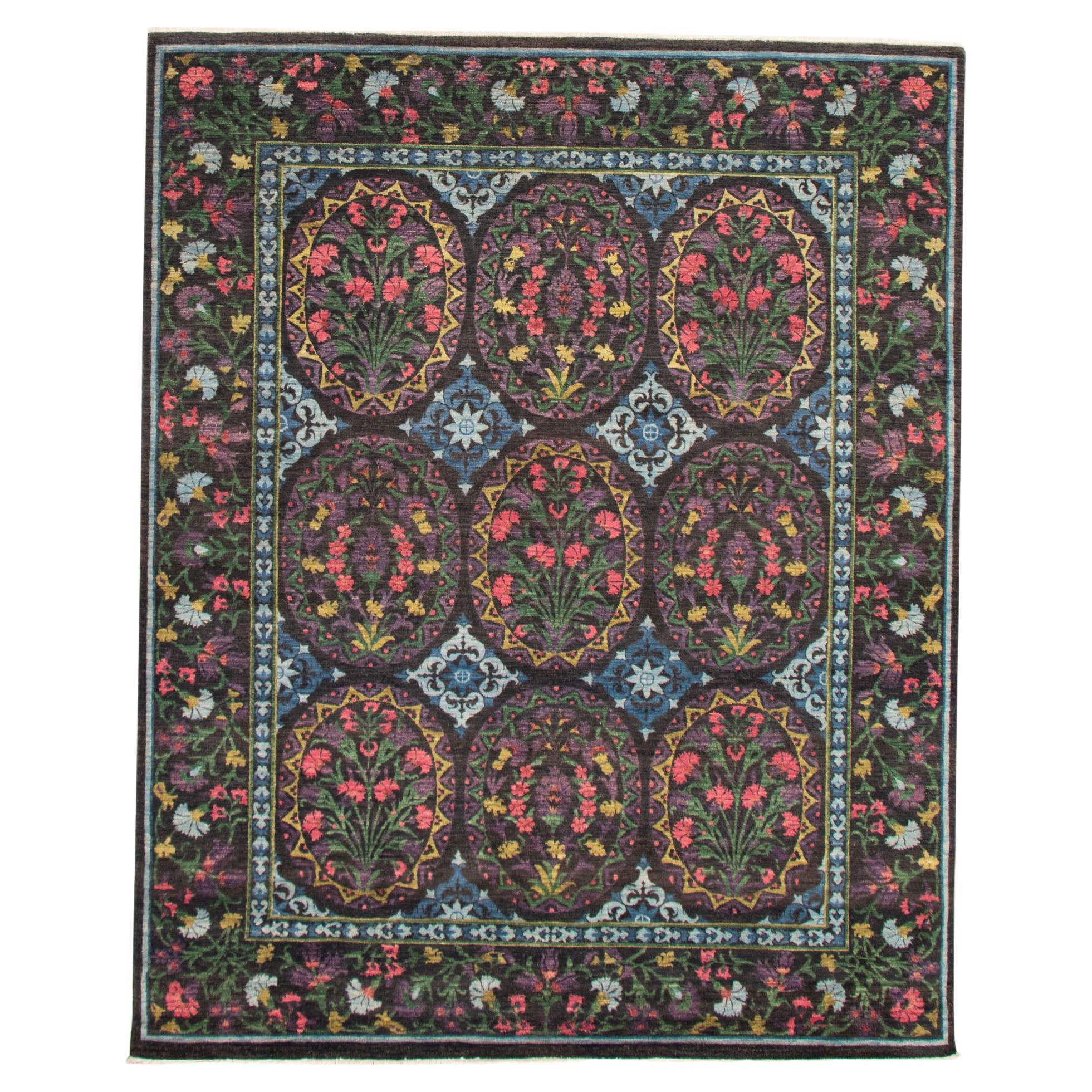 Tapis Lahore transitionnel en laine noué à la main avec design floral, 8' x 10'.