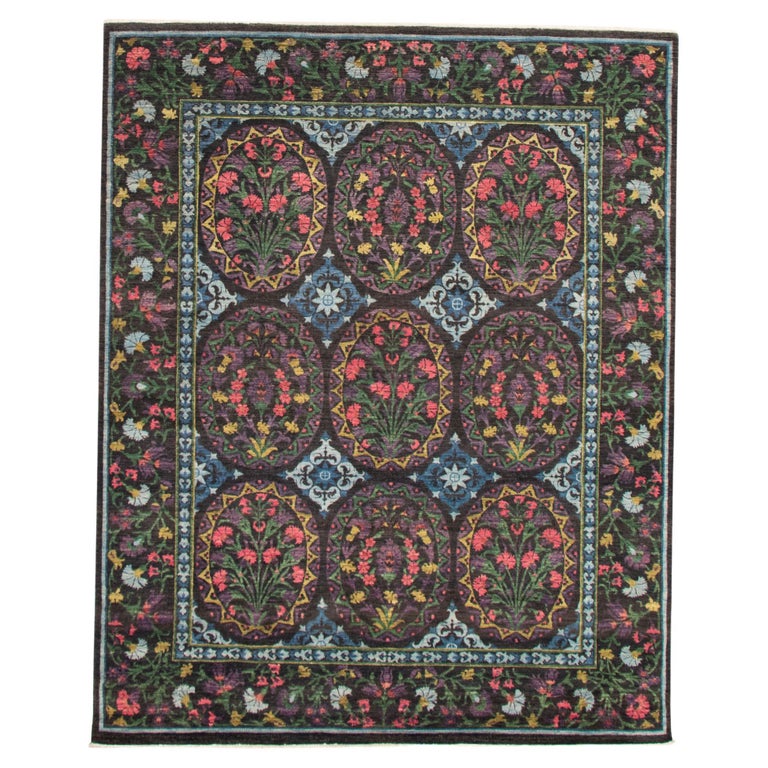 Bold and Transitional Handknotted Lahore Carpet with Floral Design 8