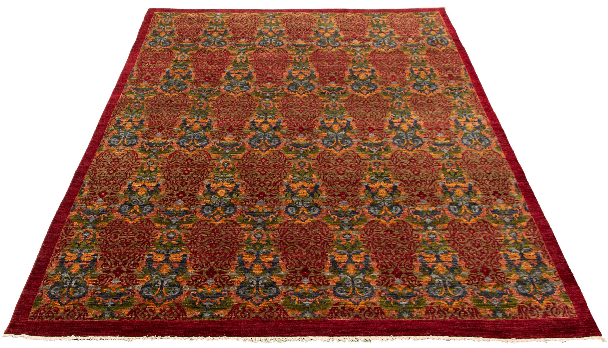 Modern Lahore Carpet, Transitional, Red, Taupe, Blue, and Green, Wool, 8’ x 10’ For Sale
