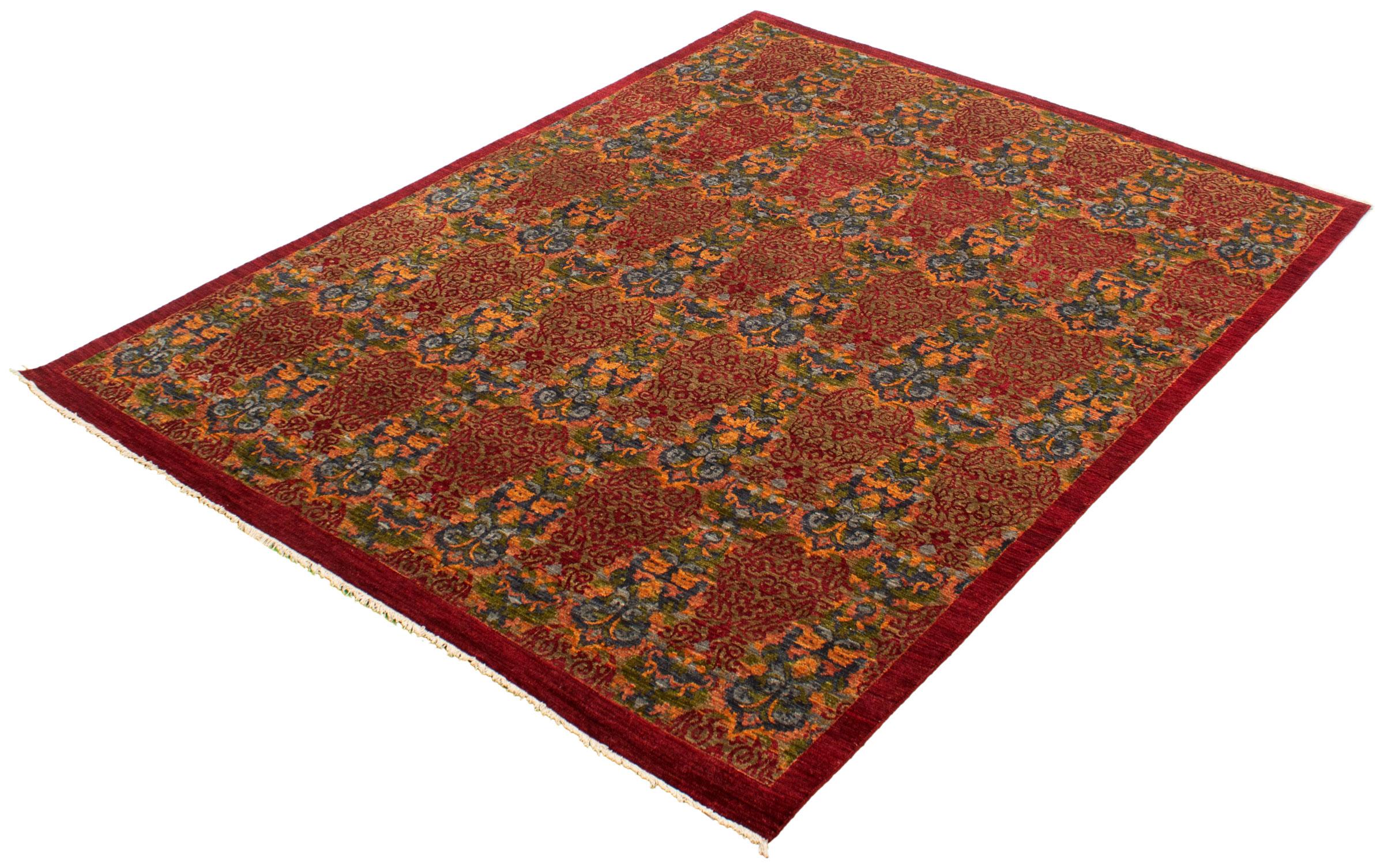 Persian Lahore Carpet, Transitional, Red, Taupe, Blue, and Green, Wool, 8’ x 10’ For Sale