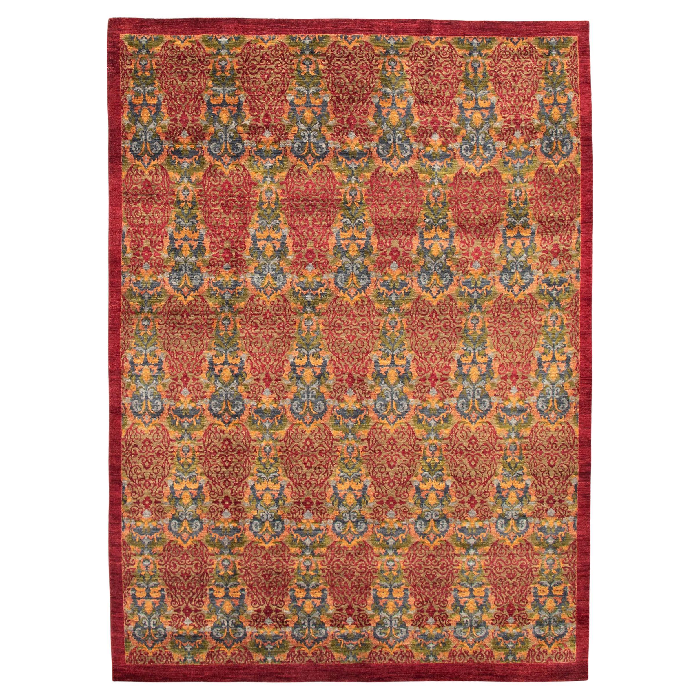 Lahore Carpet, Transitional, Red, Taupe, Blue, and Green, Wool, 8’ x 10’ For Sale