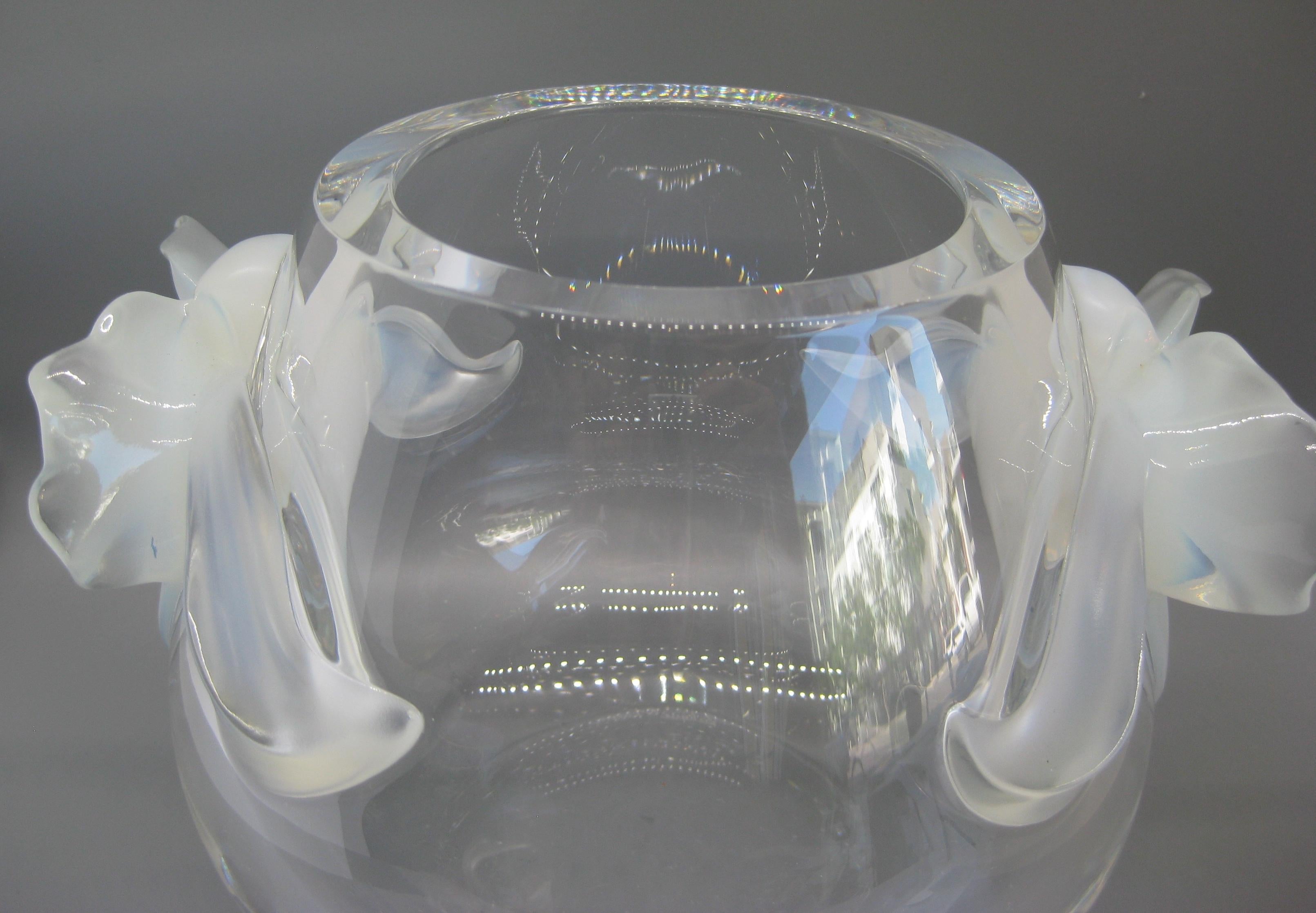 French Fine Lalique Orchidee Large Crystal Vase with Opalescent Orchids Made in France For Sale