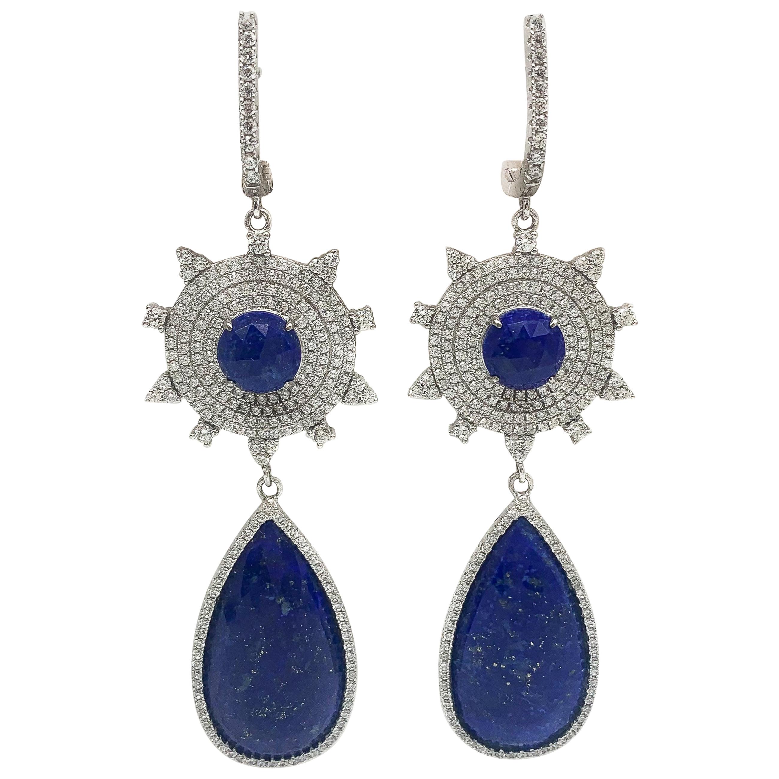 Fine Lapis & Swarovski Crystal Dangle Earrings Made in Italy For Sale