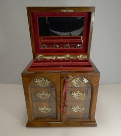 Fine Large Antique English Jewellery Box with Cut Crystal Perfume Bottles