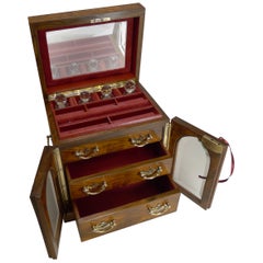 Fine Large Antique English Jewellery Box with Cut Crystal Perfume Bottles