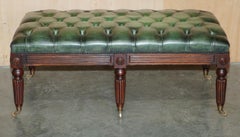 FINE LARGE ANTiQUE VICTORIAN GREEN LEATHER CHESTERFIELD TUFTED FOOTSTOOL BENCH