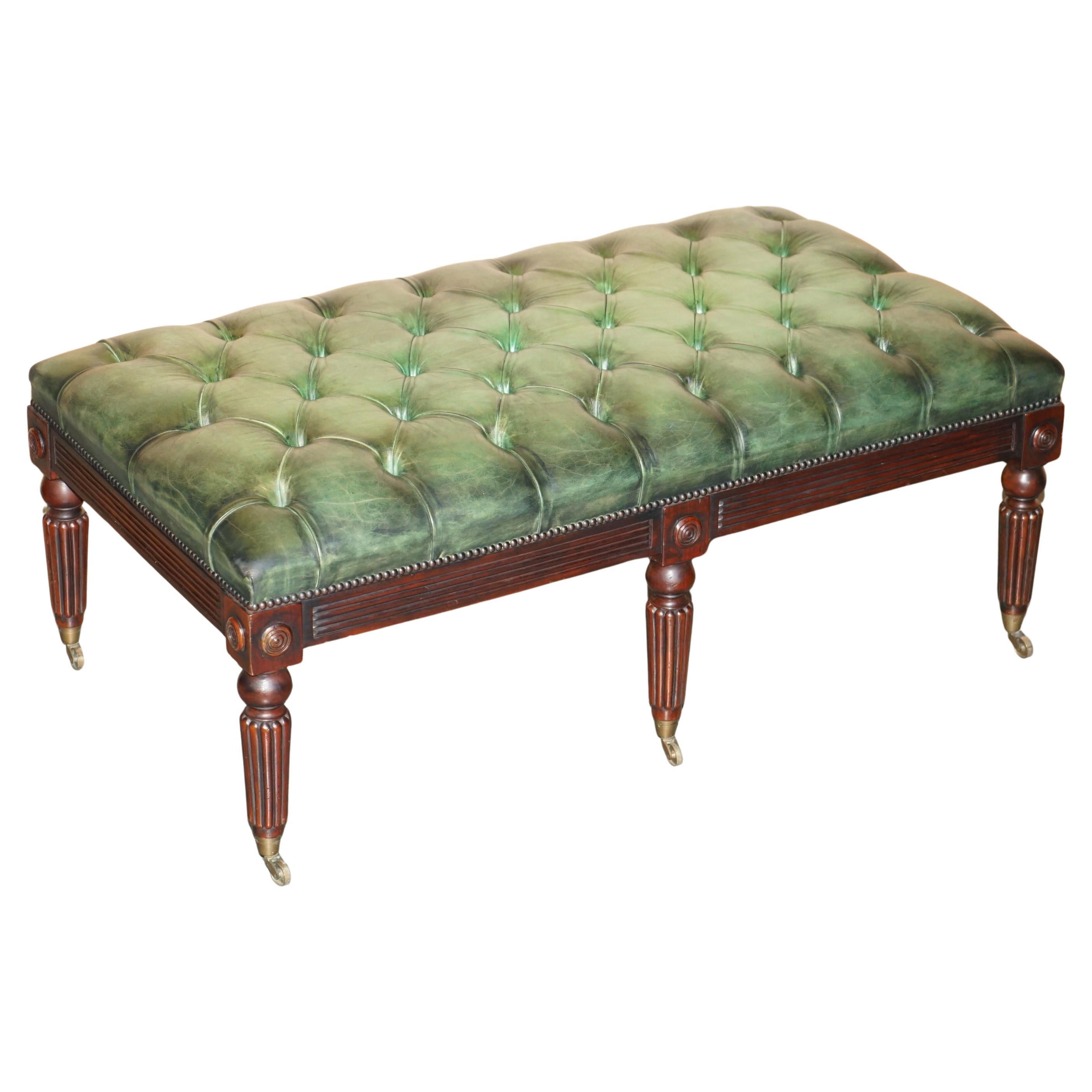 FINE LARGE ANTiQUE VICTORIAN GREEN LEATHER CHESTERFIELD TUFTED FOOTSTOOL BENCH