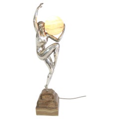 Antique Fine Large Art Deco Silver plated Bronze Lady Lamp Circa 1920s