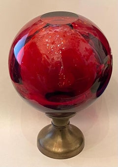 Fine Large Boule d'Escalier Bronze Cranberry Glass Banister Newel Post Finial