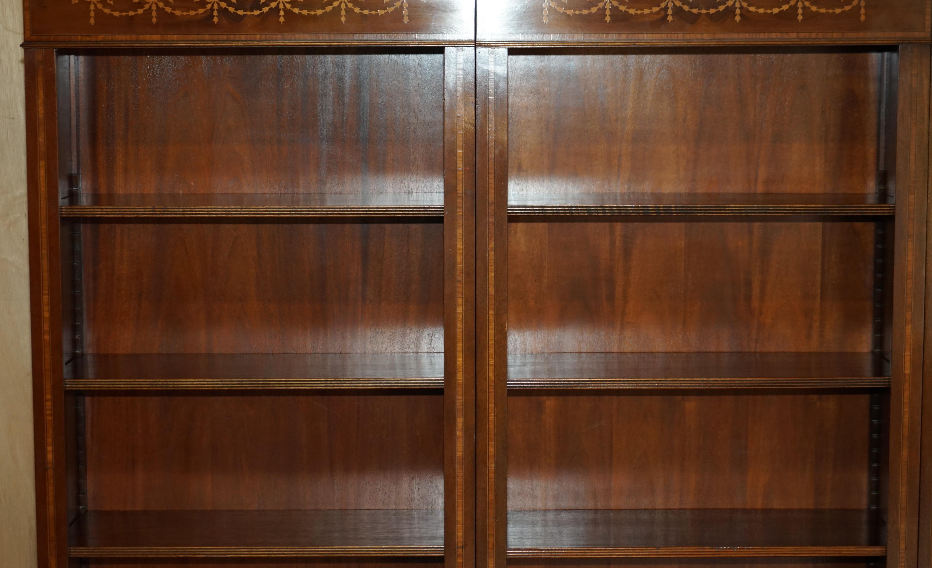 Fine Large Burr Walnut Marquetry Inlaid Triple Bank Large Open Library Bookcase 6