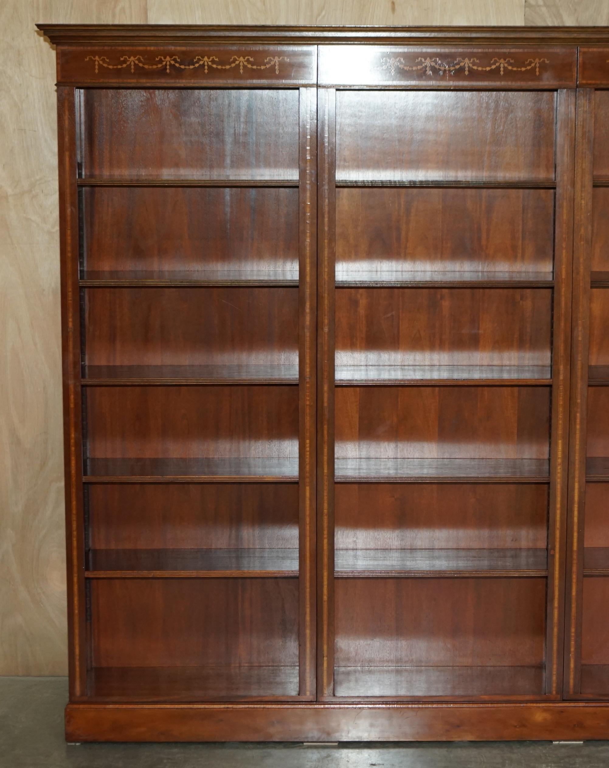 Victorian Fine Large Burr Walnut Marquetry Inlaid Triple Bank Large Open Library Bookcase