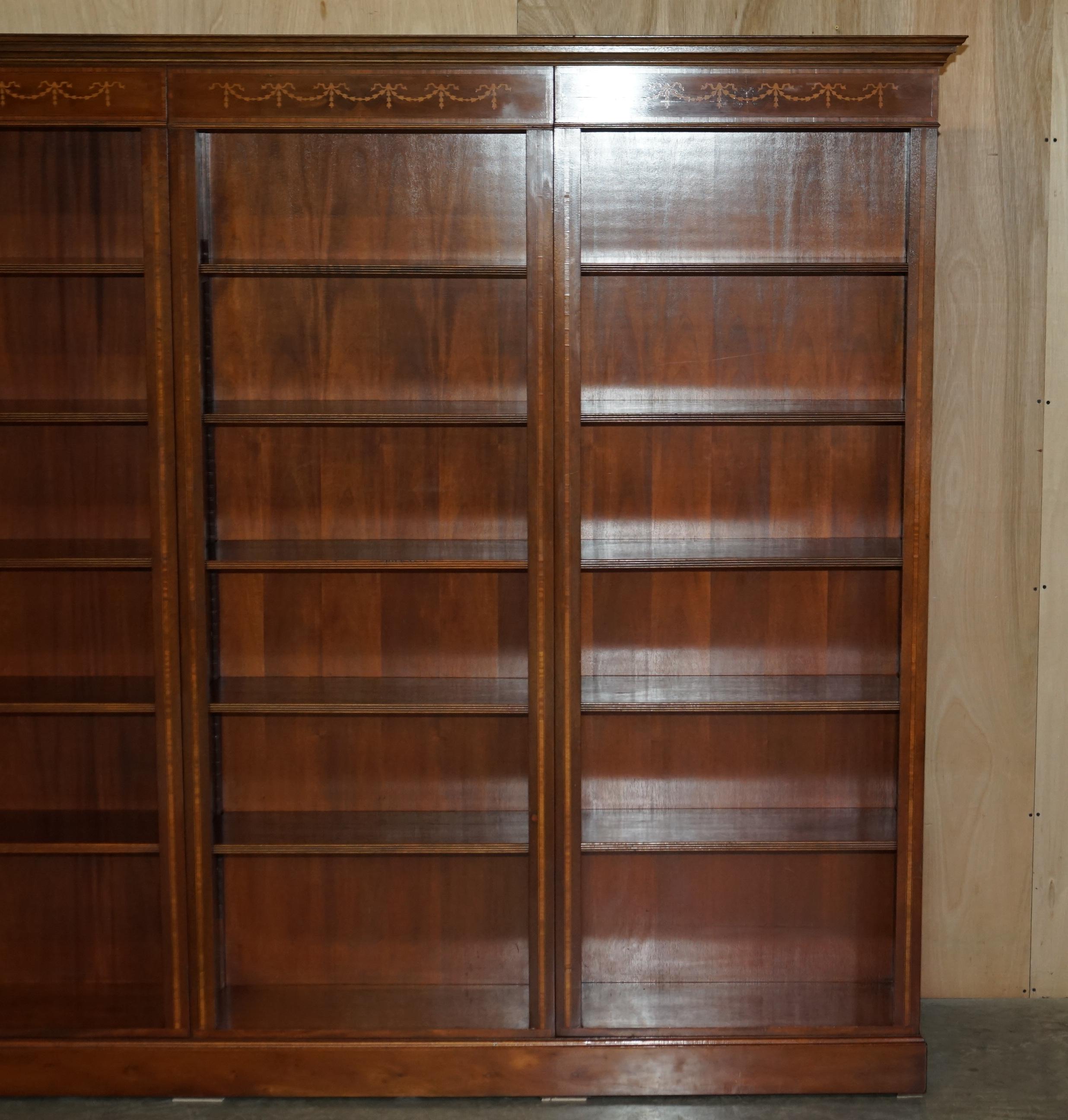 English Fine Large Burr Walnut Marquetry Inlaid Triple Bank Large Open Library Bookcase