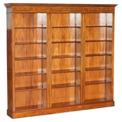 Fine Large Burr Walnut Marquetry Inlaid Triple Bank Large Open Library Bookcase
