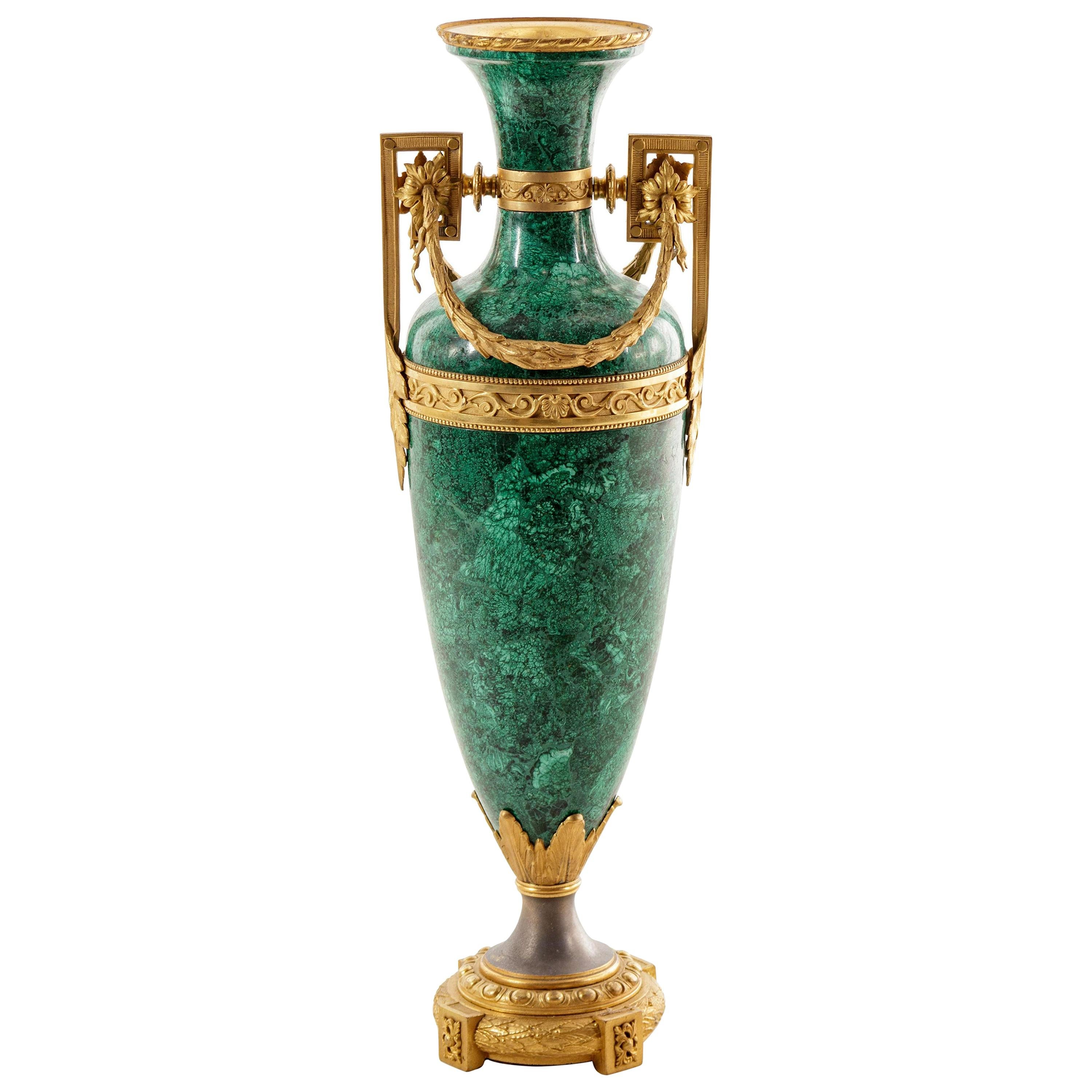 Fine Large Early 20th C Louis XVI Style Gilt Bronze Mounted Malachite Urn For Sale
