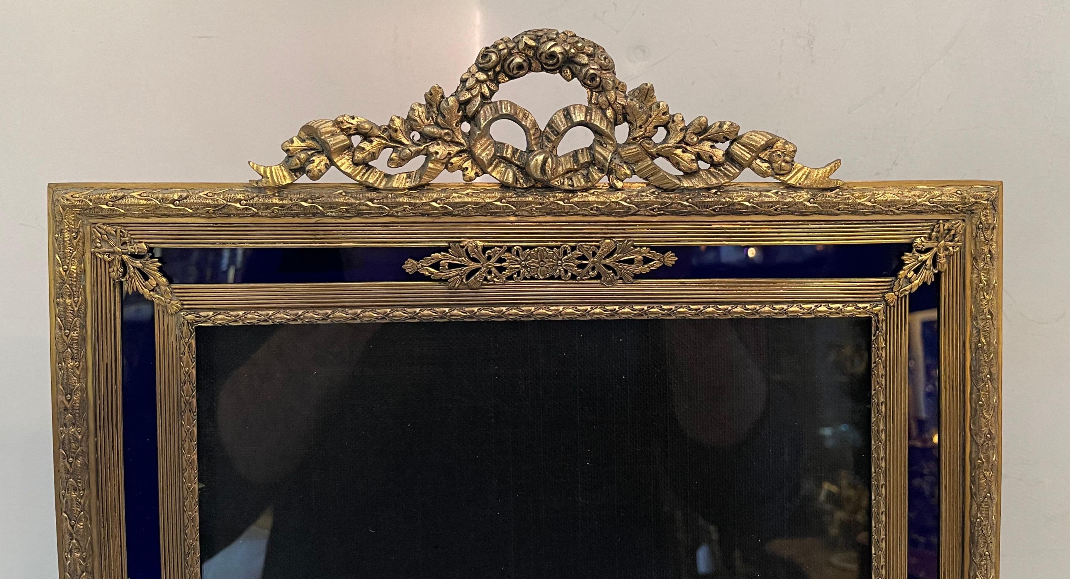 Gilt Fine Large French Louis XVI Bronze Blue Glass Picture Frame Wreath Garland Crown
