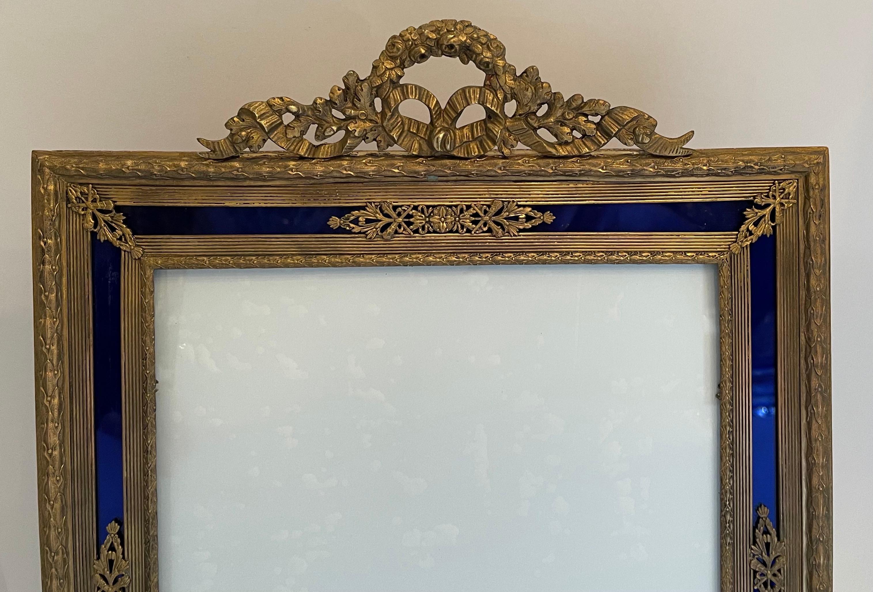 Gilt Fine Large French Louis XVI Bronze Blue Glass Picture Frame Wreath Garland Crown