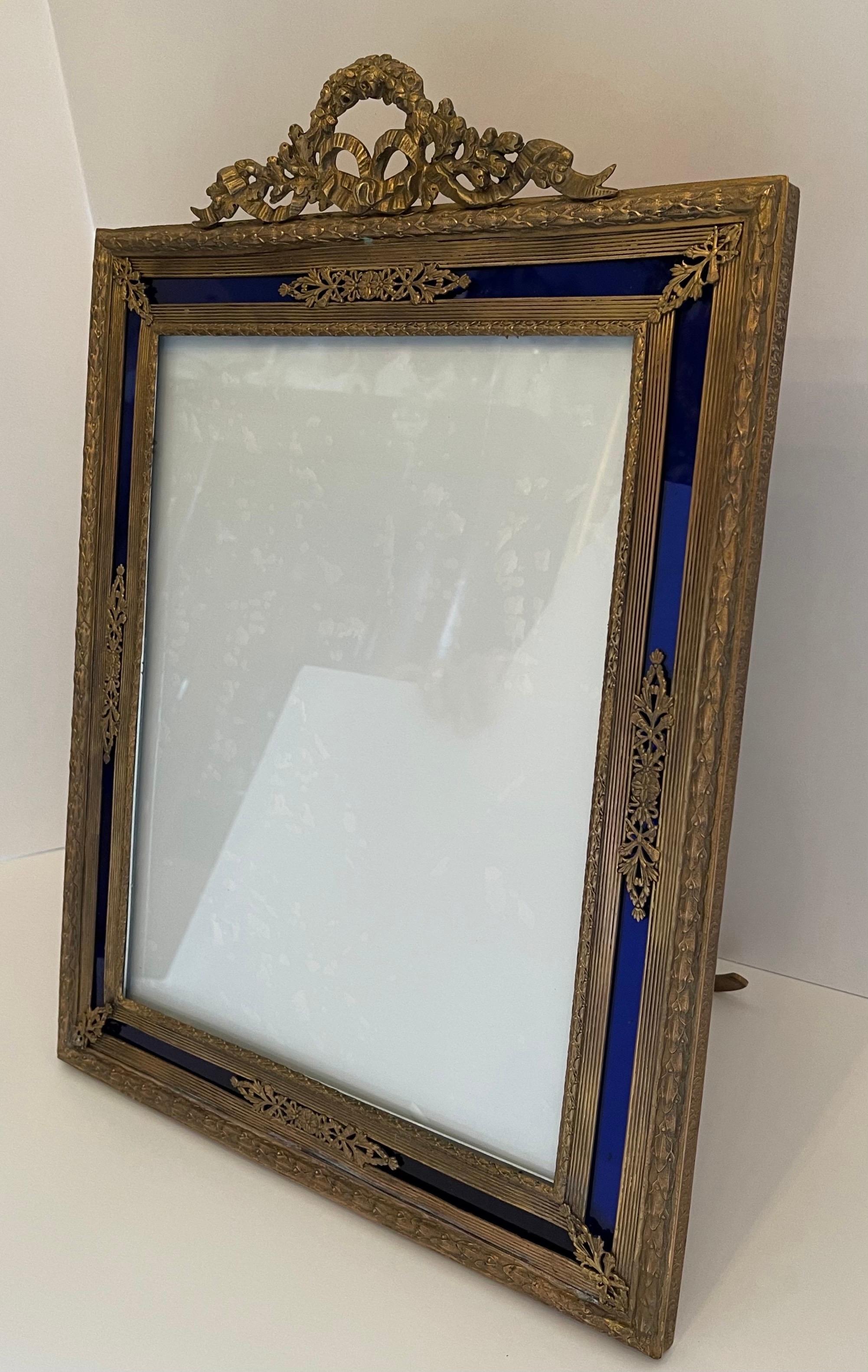 20th Century Fine Large French Louis XVI Bronze Blue Glass Picture Frame Wreath Garland Crown