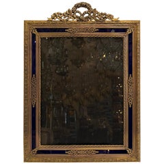 Fine Large French Louis XVI Bronze Blue Glass Picture Frame Wreath Garland Crown