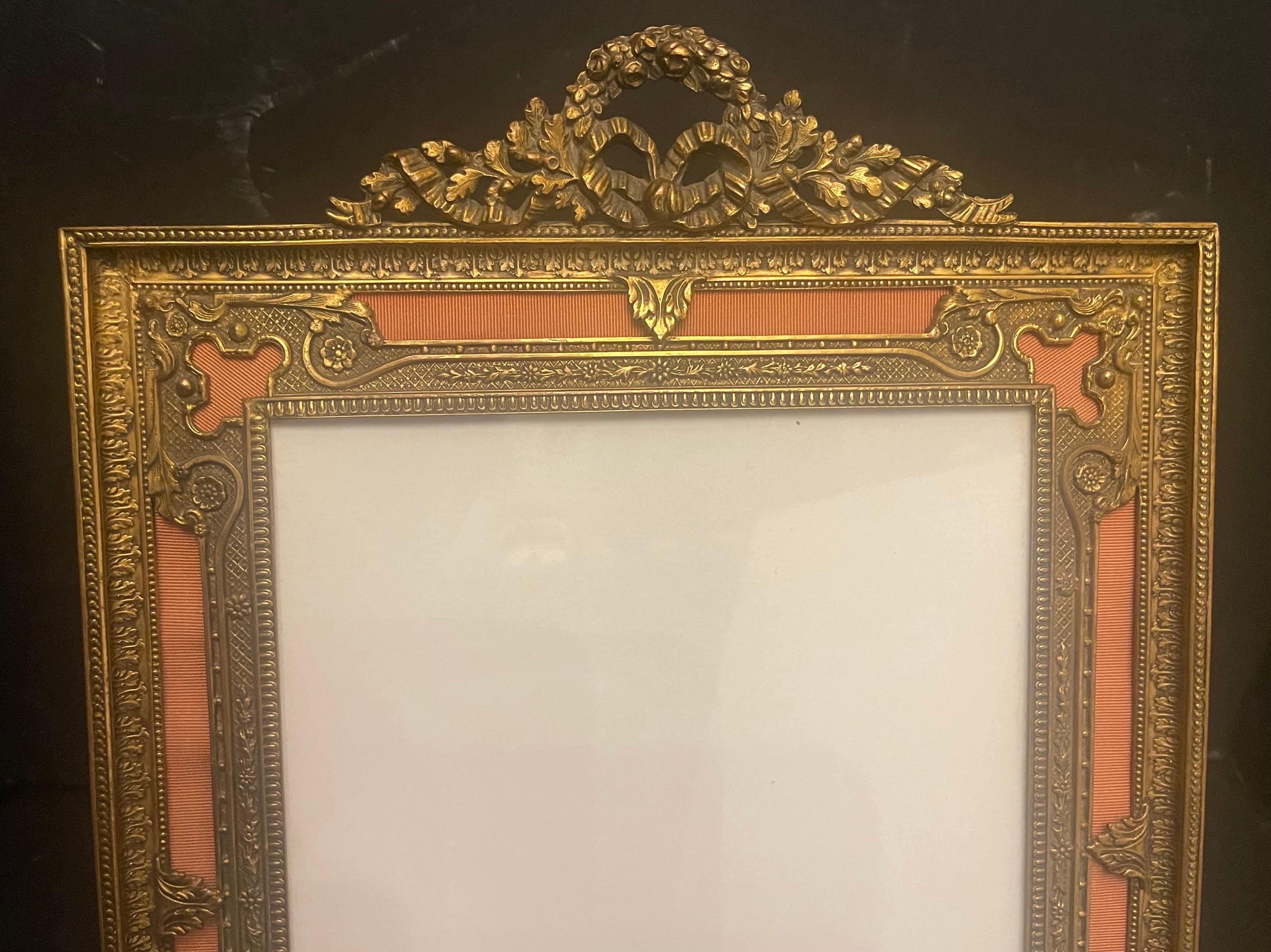 A Very Fine Large French Louis XVI Bronze & Ormolu Picture Frame Wreath Garland Crown And Coral Colored Silk Inset
