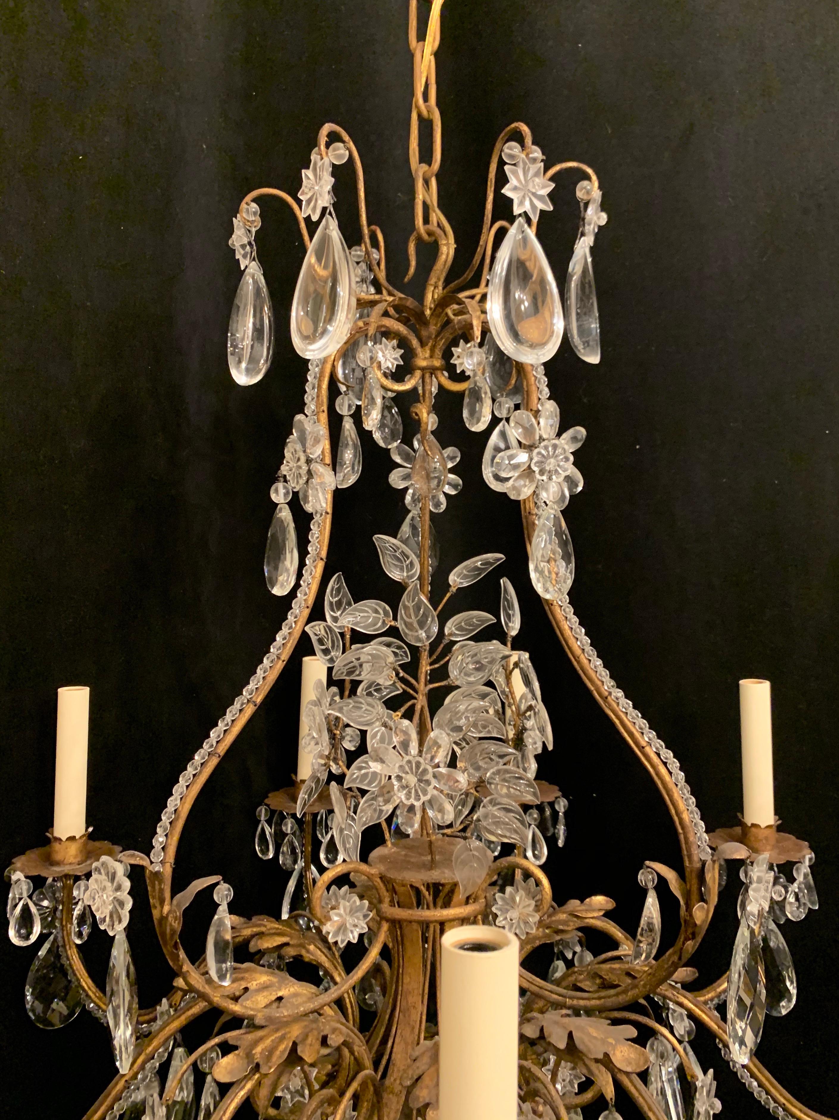 A wonderful large French pagoda basket form crystal Baguès chandelier with nine-candelabra lights this fixture has updated wiring and comes with chain canopy and mounting hardware.