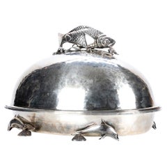 Fine Large Hammered Silver Plate Dome Top Server With Fish Figures