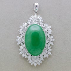 Fine Large Jadeite Jade Diamond Floral Platinum Pendant, GIA Certified