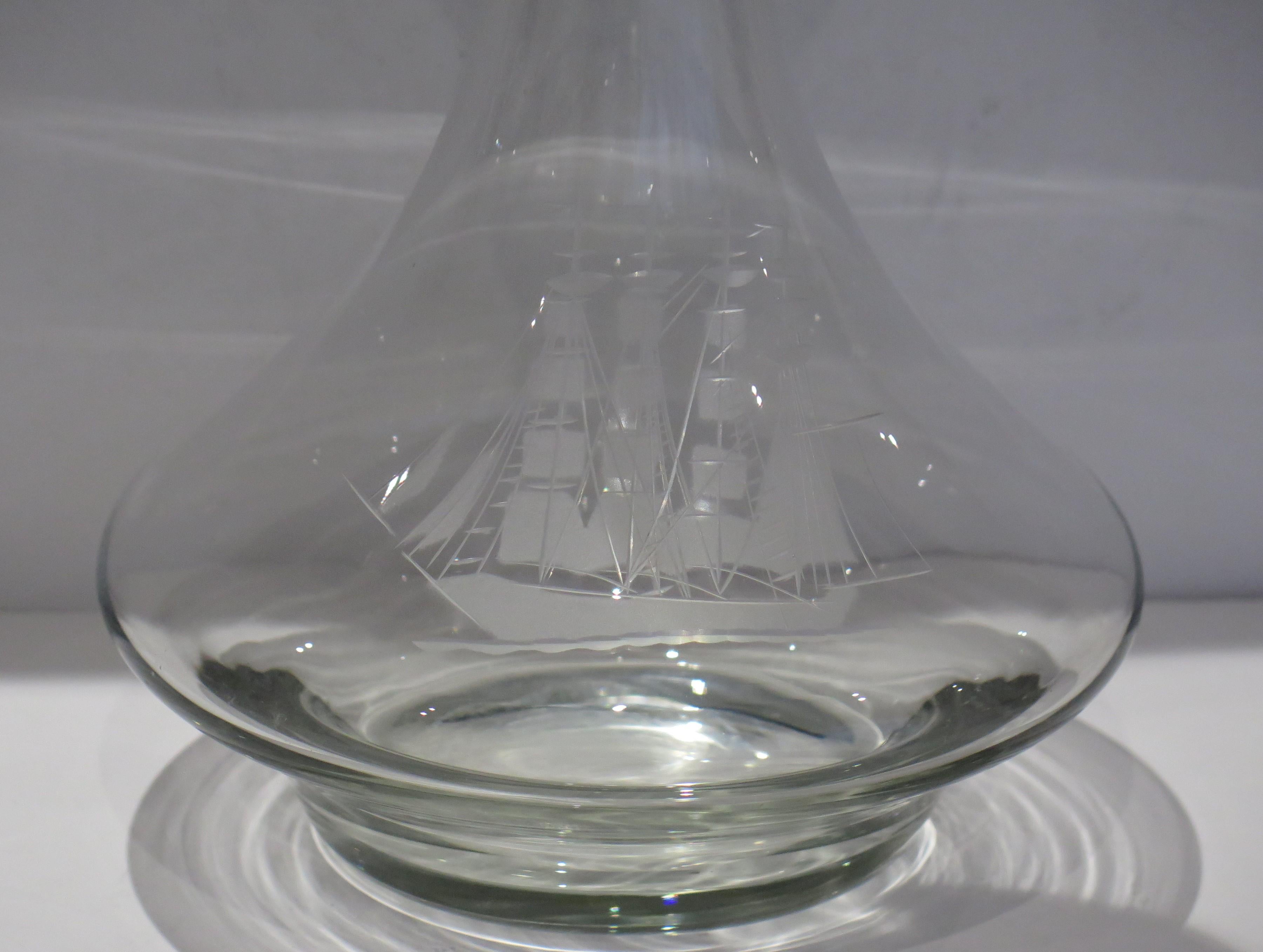 Georgian Large Lead Cut-Glass Ship's Decanter with engraved sailing ship, circa 1930 For Sale