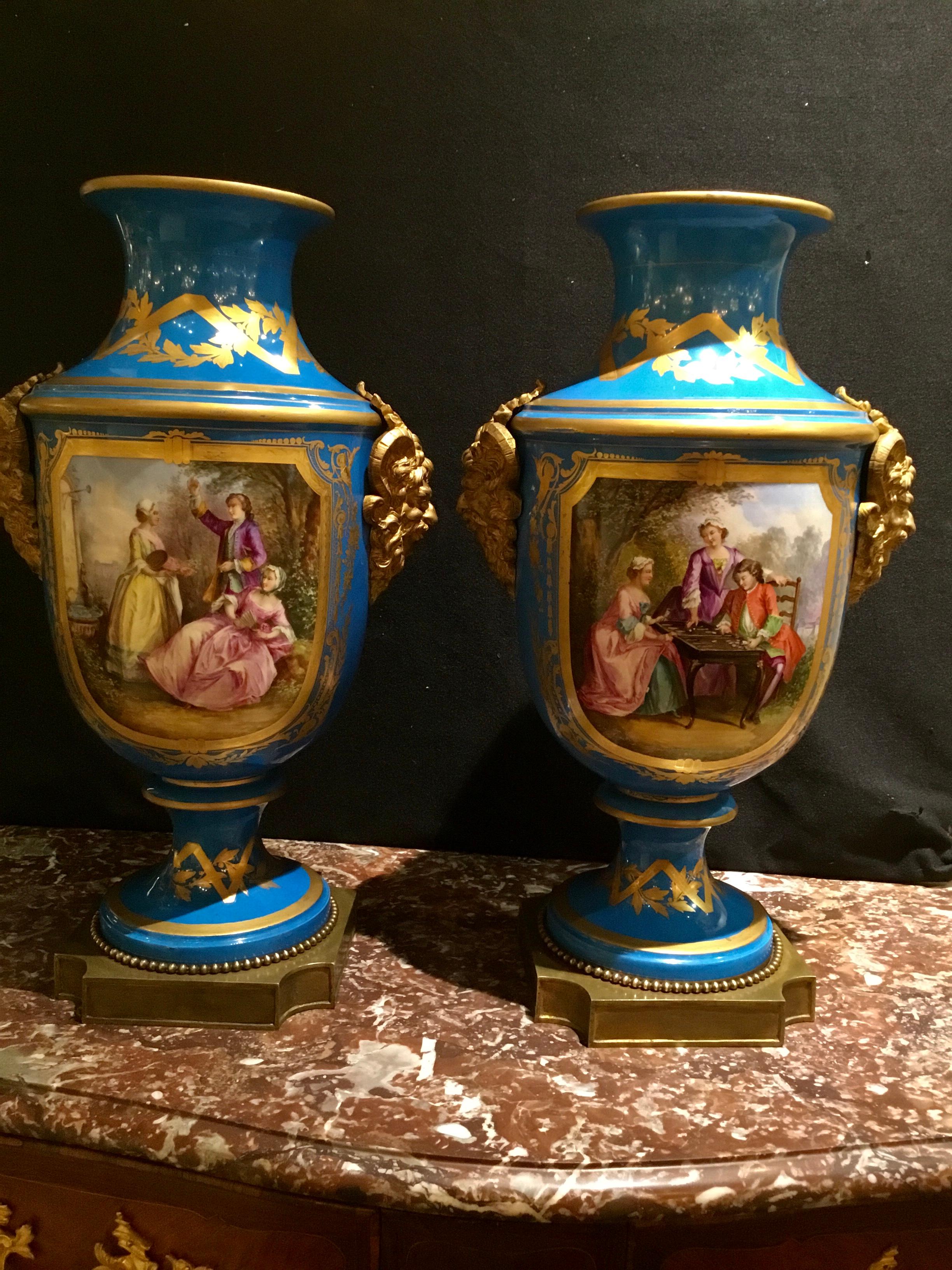 Fine Large Pair of Sevres Vases, Baluster Form in Bleu Celeste with Gilt Bronze For Sale 5