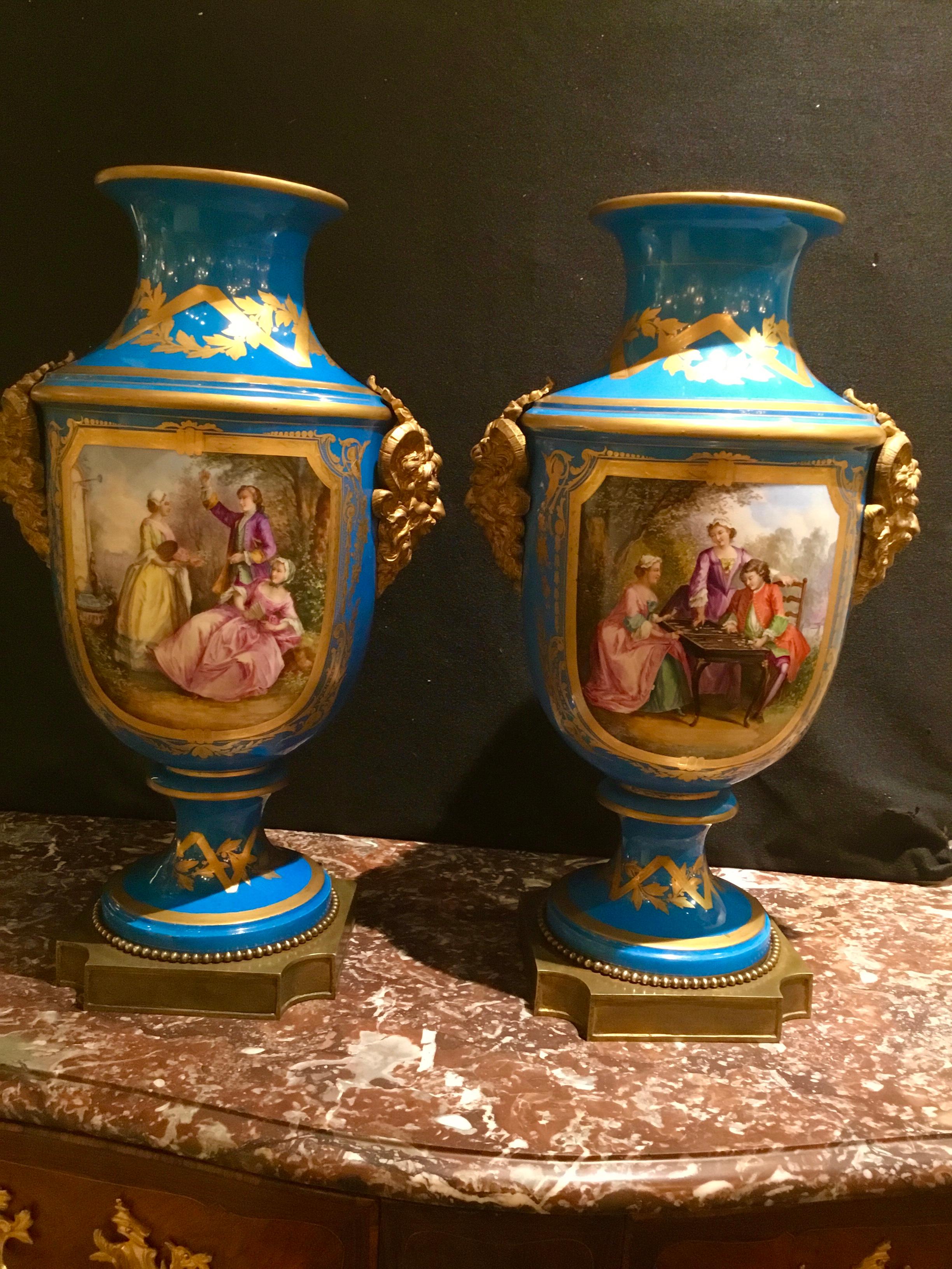Fine Large Pair of Sevres Vases, Baluster Form in Bleu Celeste with Gilt Bronze For Sale 6