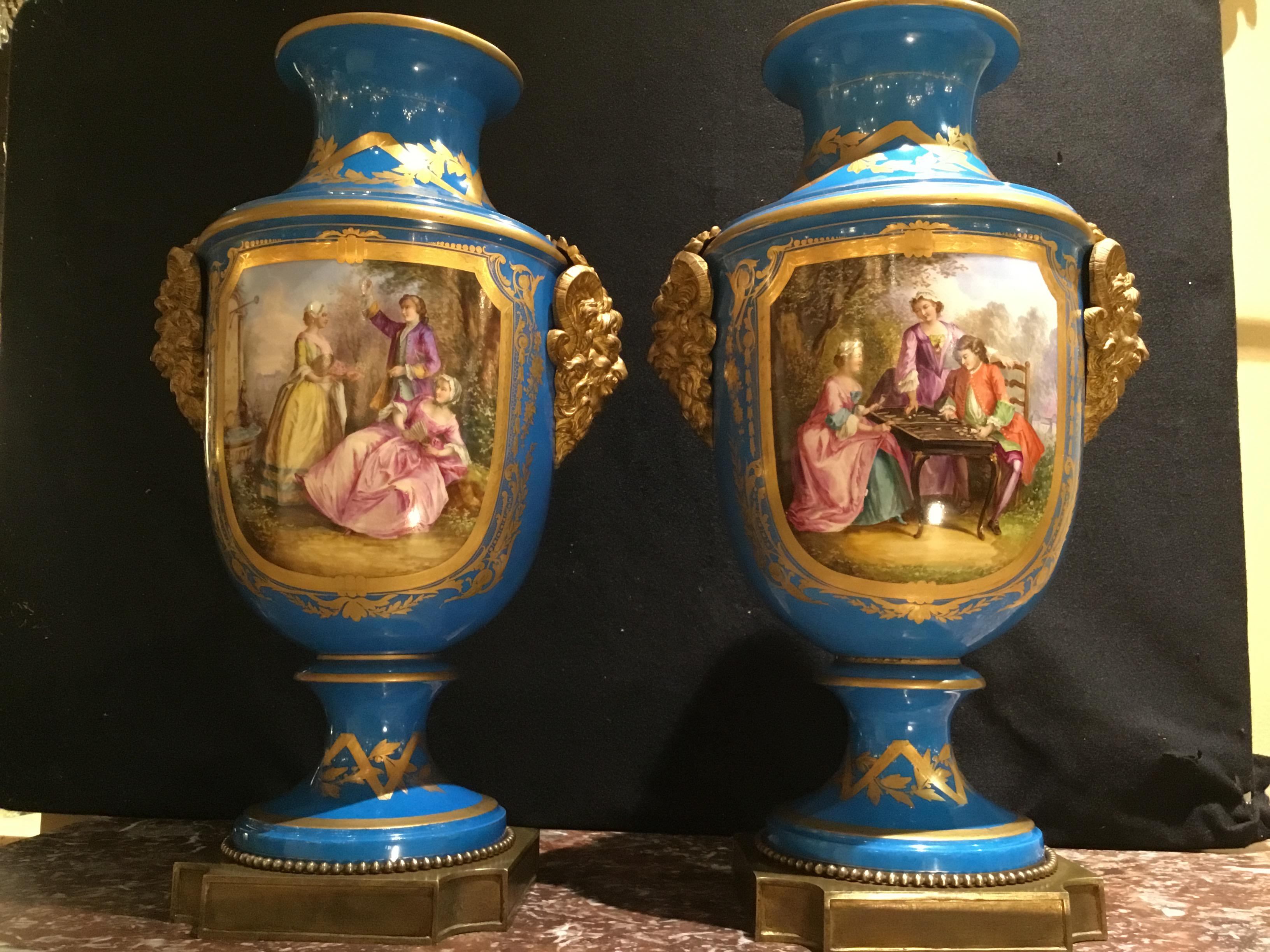 Fine Large Pair of Sevres Vases, Baluster Form in Bleu Celeste with Gilt Bronze For Sale 7