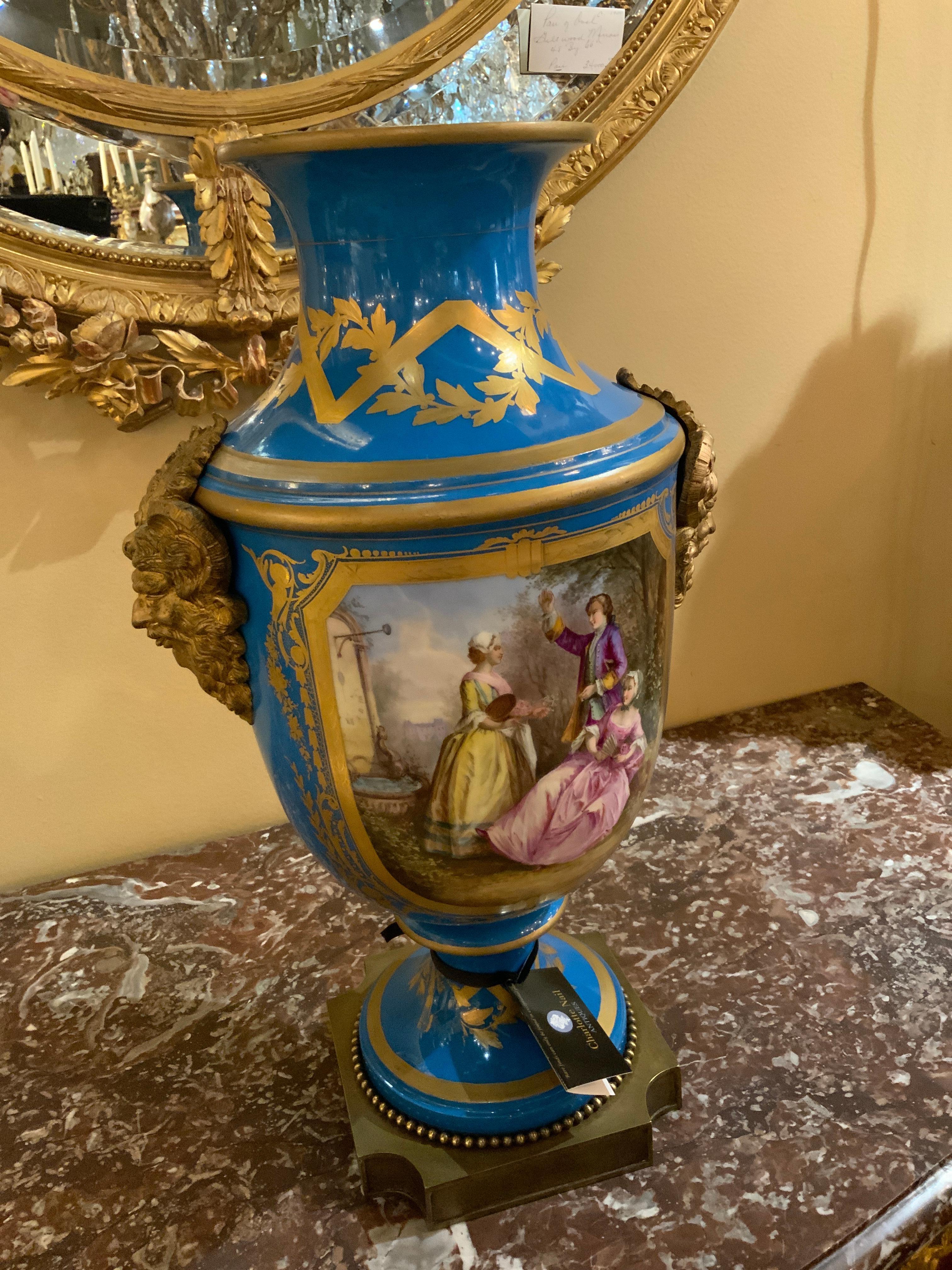 Fine Large Pair of Sevres Vases, Baluster Form in Bleu Celeste with Gilt Bronze For Sale 9