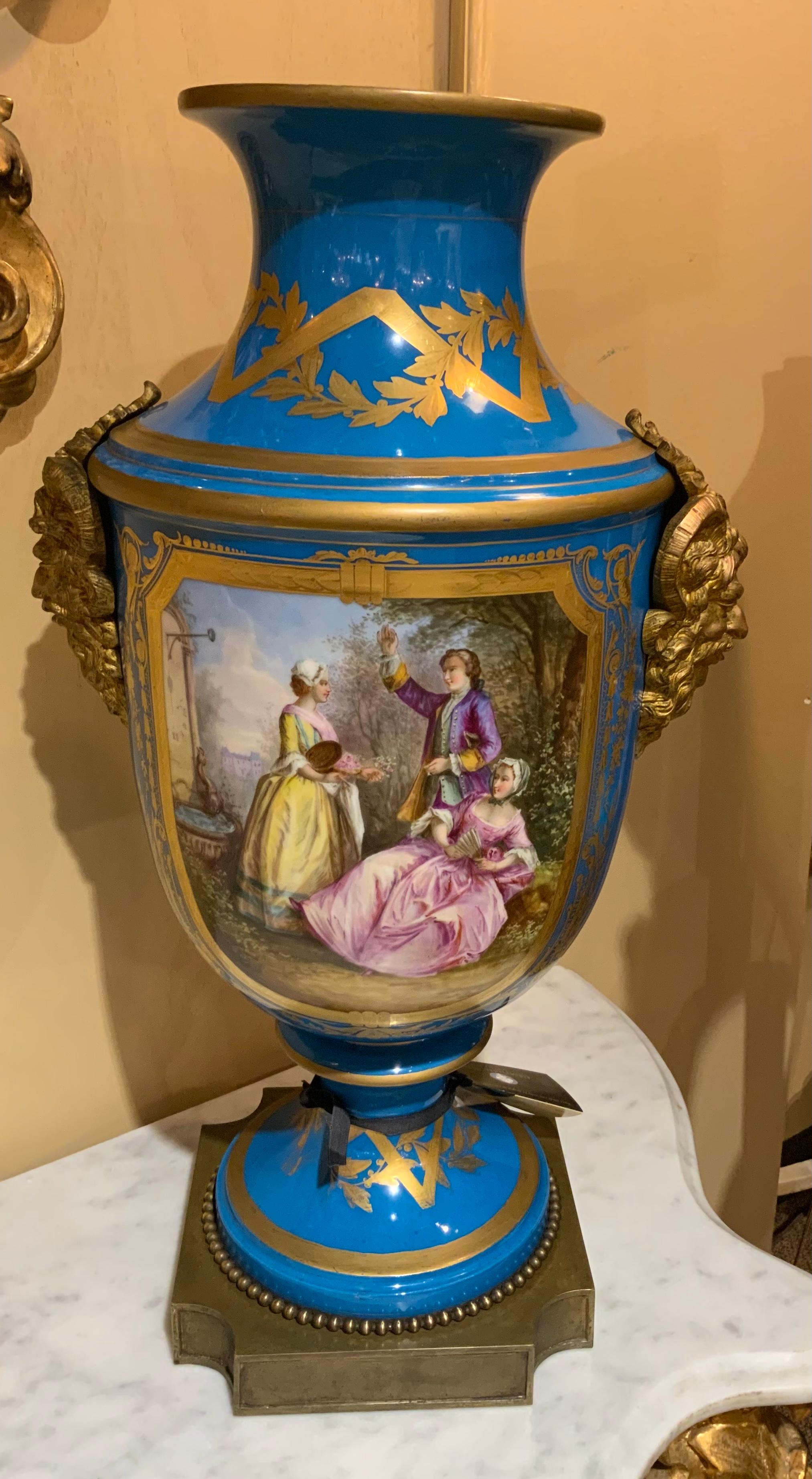 Fine Large Pair of Sevres Vases, Baluster Form in Bleu Celeste with Gilt Bronze For Sale 10