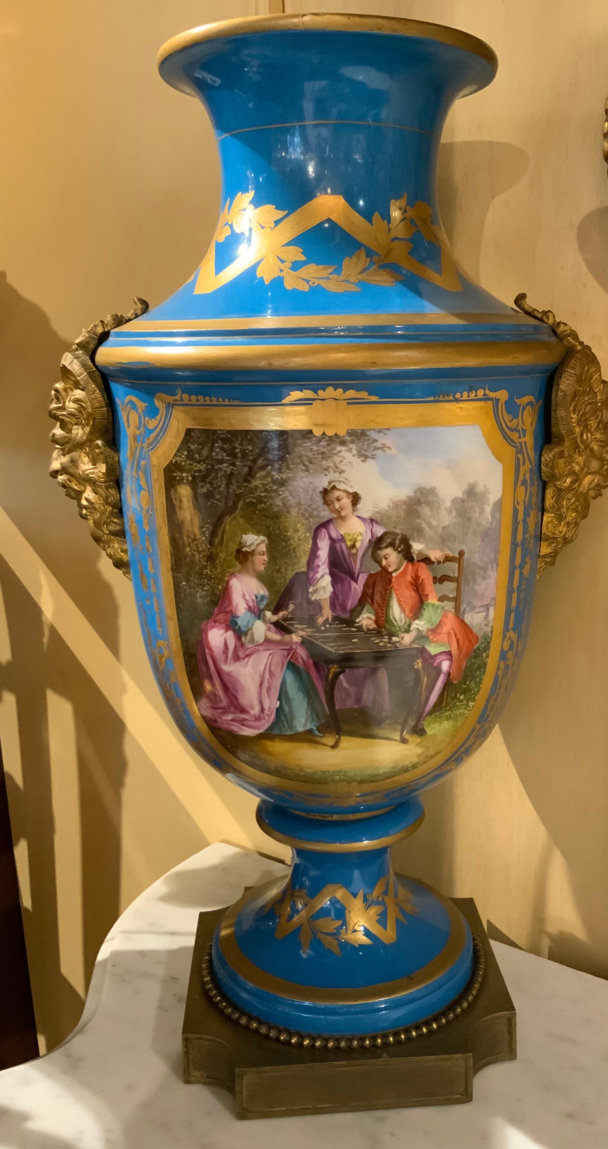 Fine Large Pair of Sevres Vases, Baluster Form in Bleu Celeste with Gilt Bronze For Sale 11