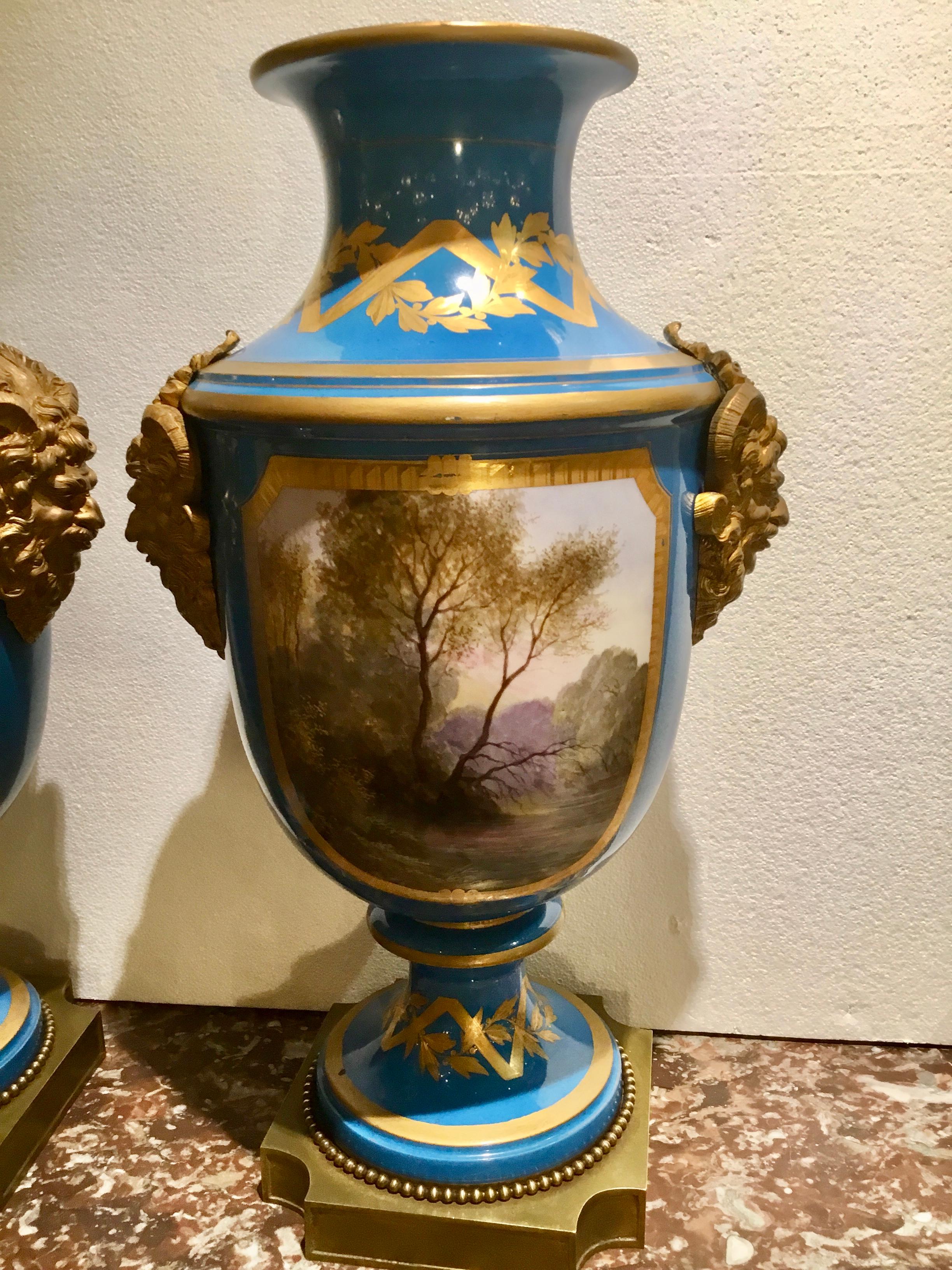 French Fine Large Pair of Sevres Vases, Baluster Form in Bleu Celeste with Gilt Bronze For Sale